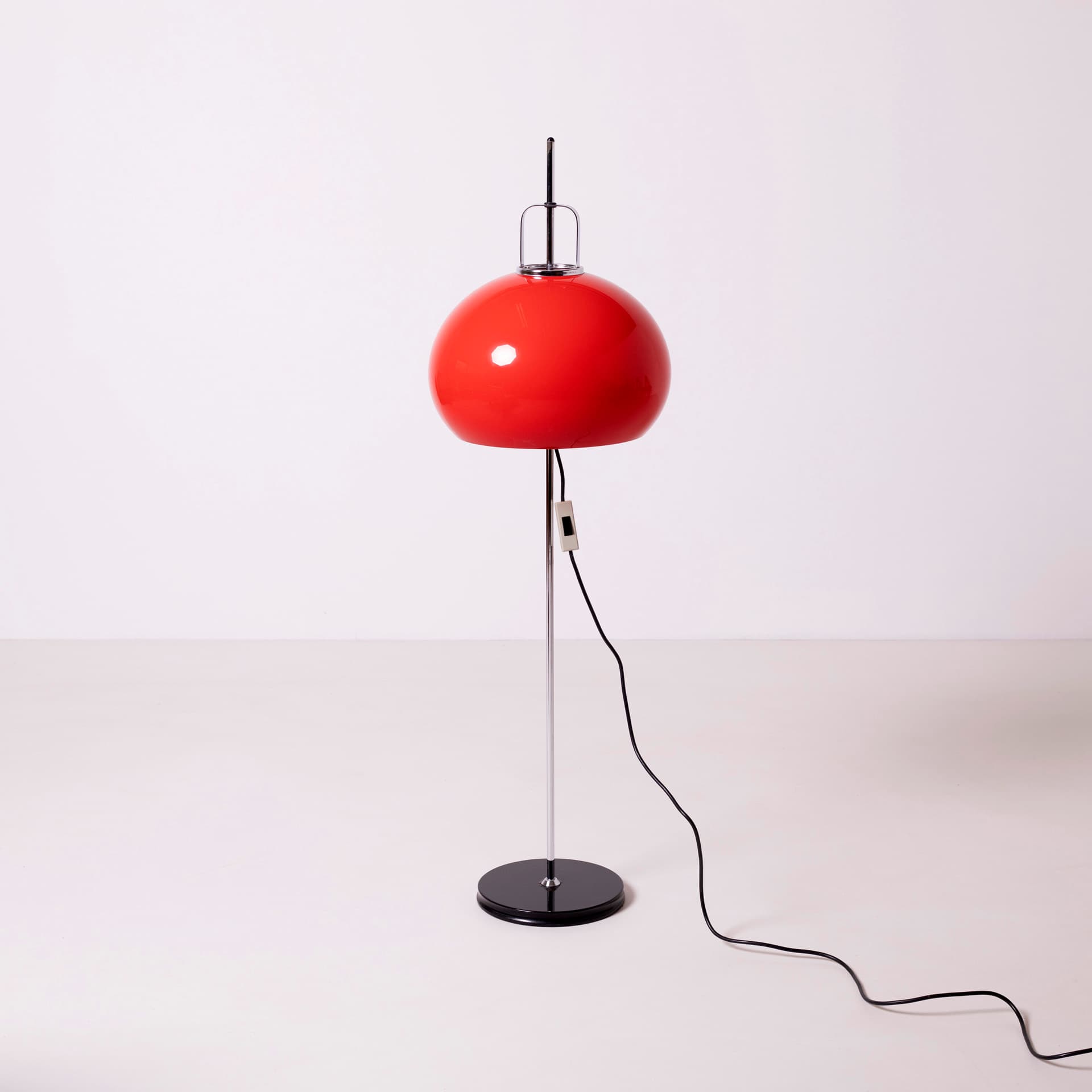 Floor lamp Lucerna, red plexiglass, chrome steel, by L. Massoni, Meblo, Slovenia, 1970s. - 94426