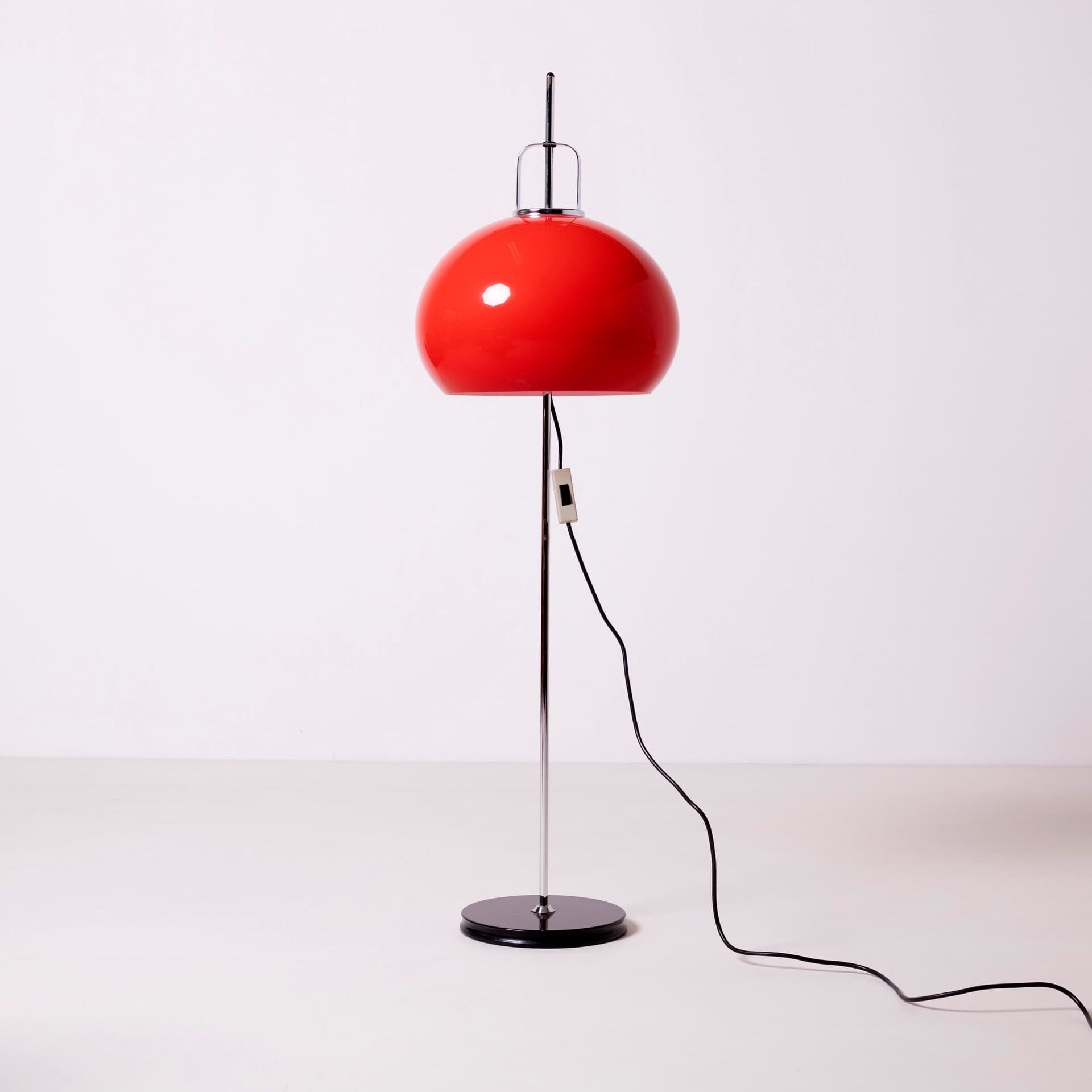 Floor lamp Lucerna, red plexiglass, chrome steel, by L. Massoni, Meblo, Slovenia, 1970s. - 94427