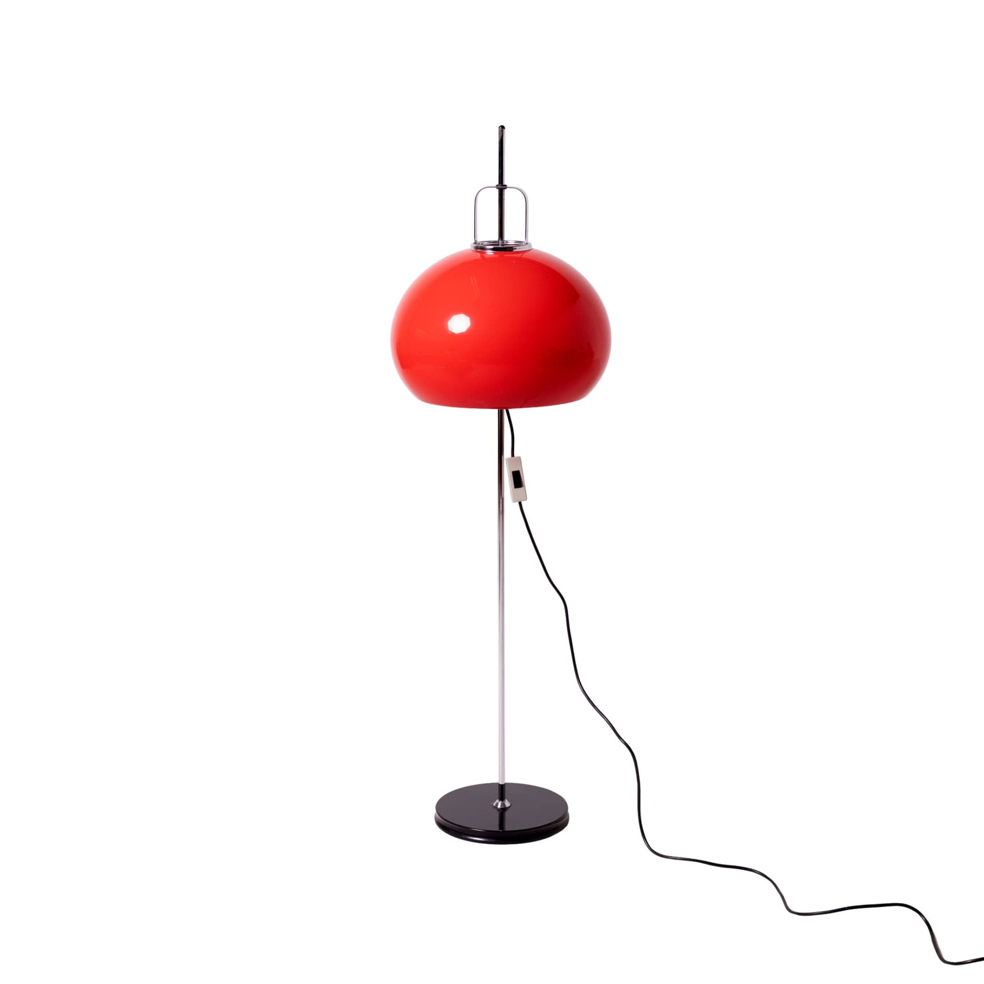 Floor lamp Lucerna, red plexiglass, chrome steel, by L. Massoni, Meblo, Slovenia, 1970s.
