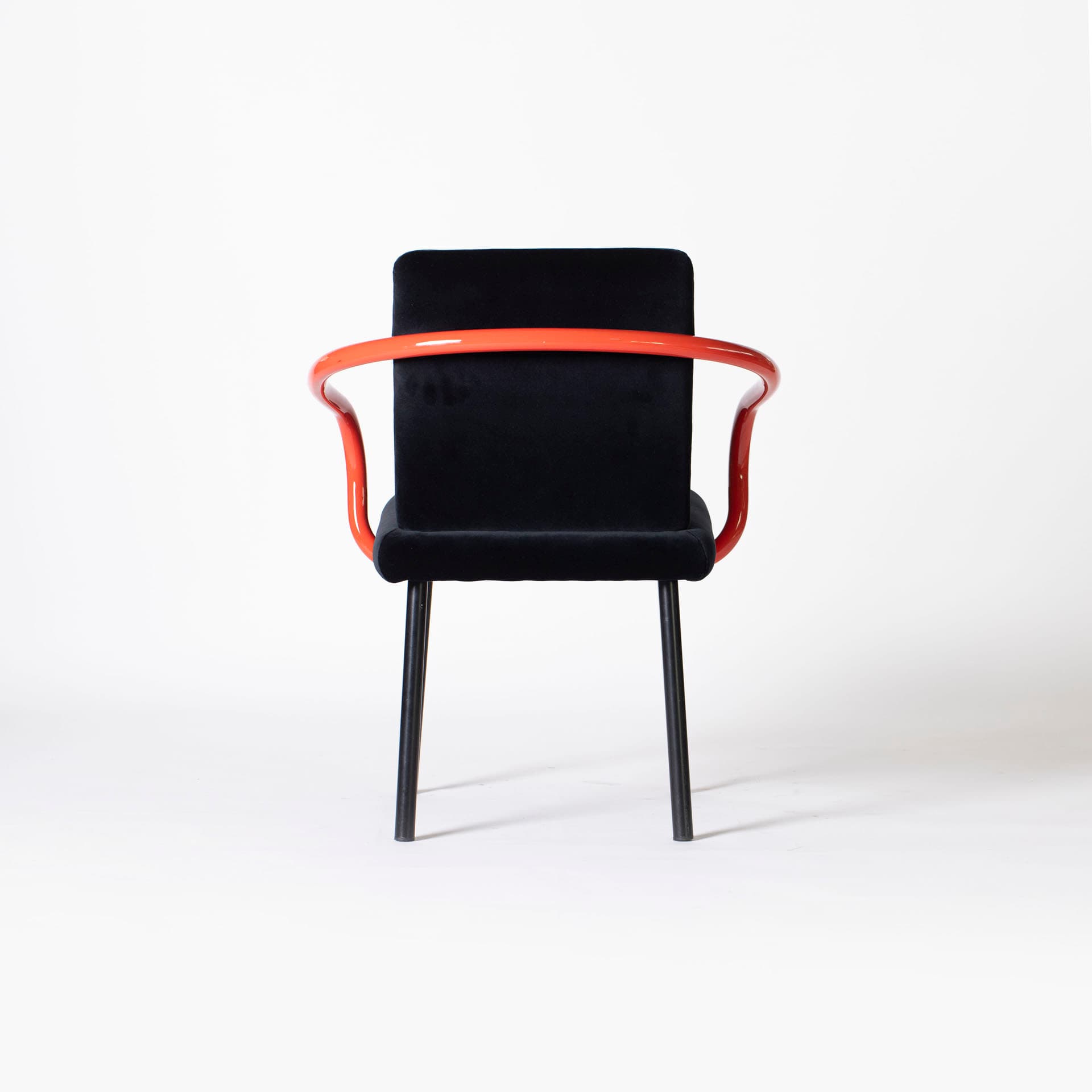 Armchair Mandarin, black velvet, red steel, by E. Sottsass, Knoll, Italy, 1990s. - 95435