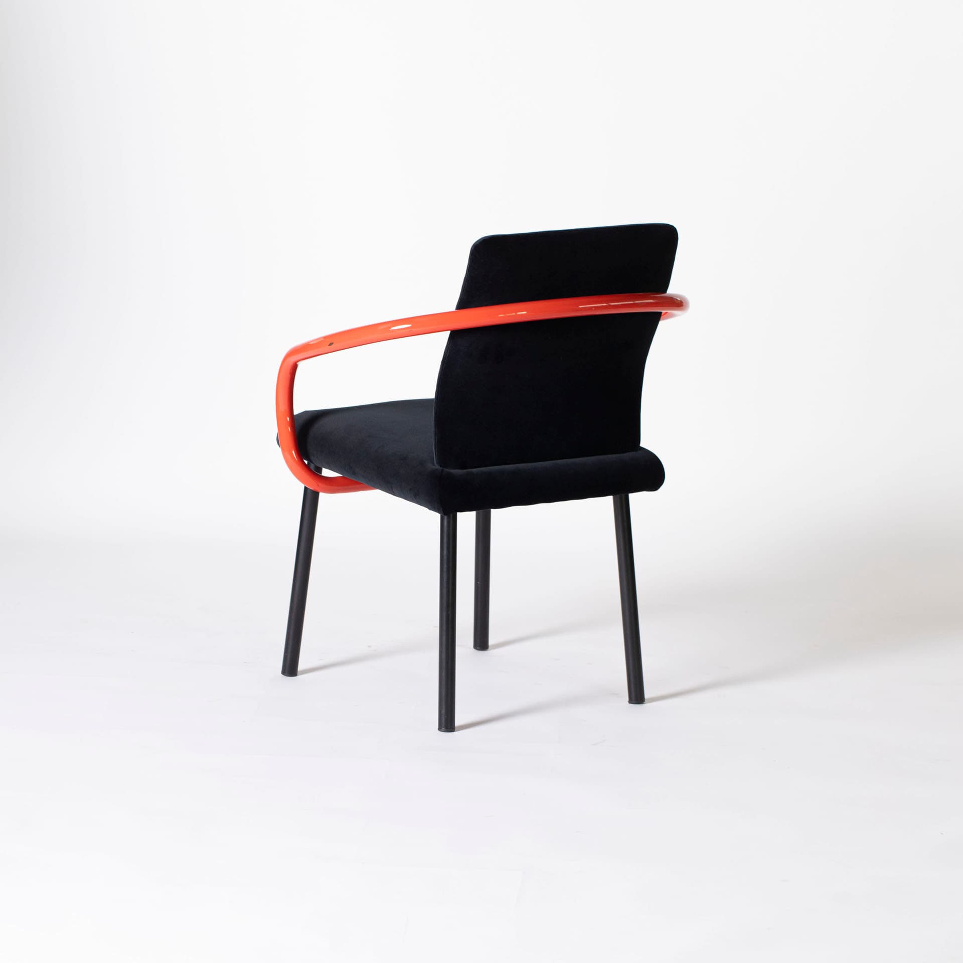 Armchair Mandarin, black velvet, red steel, by E. Sottsass, Knoll, Italy, 1990s. - 95440