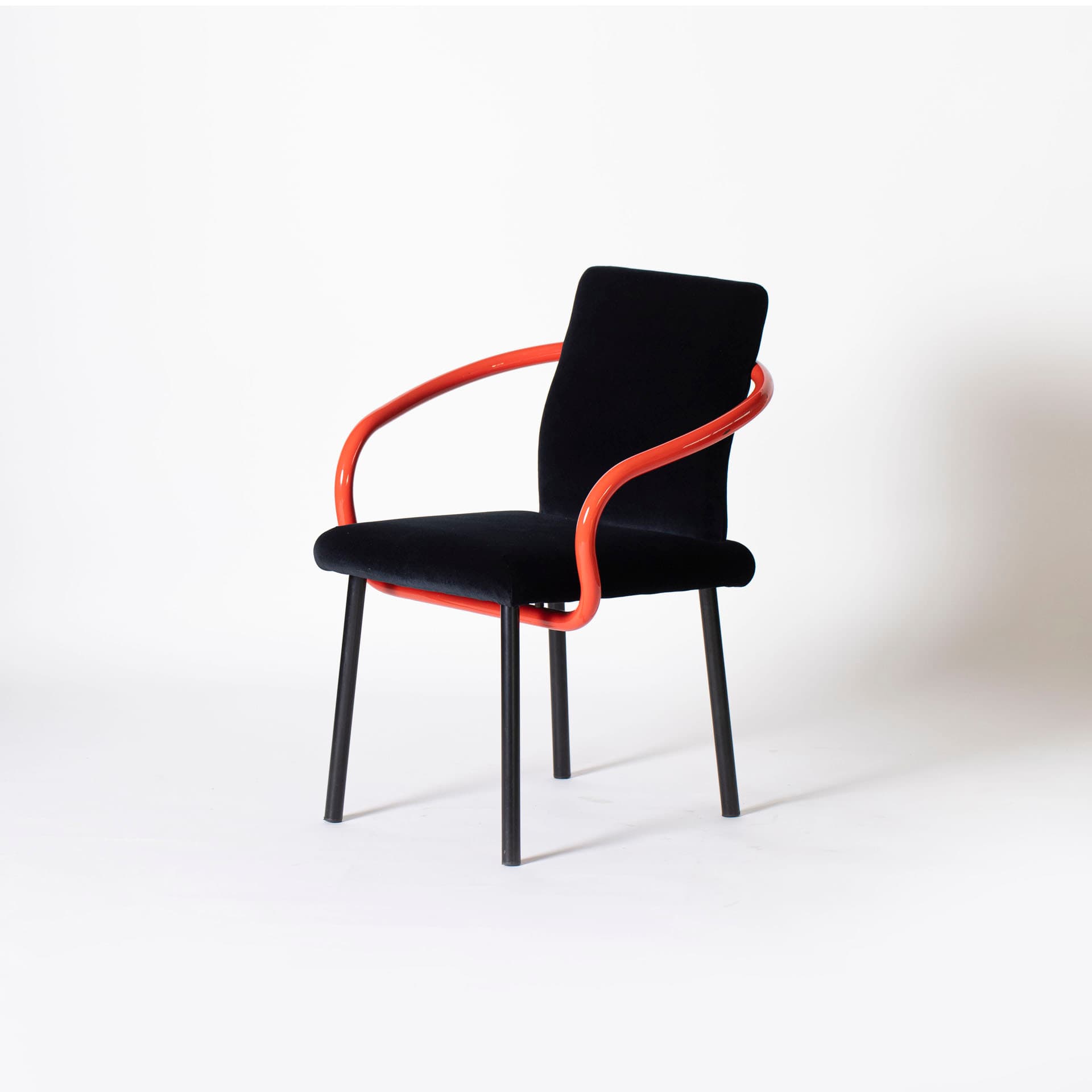 Armchair Mandarin, black velvet, red steel, by E. Sottsass, Knoll, Italy, 1990s. - 95437