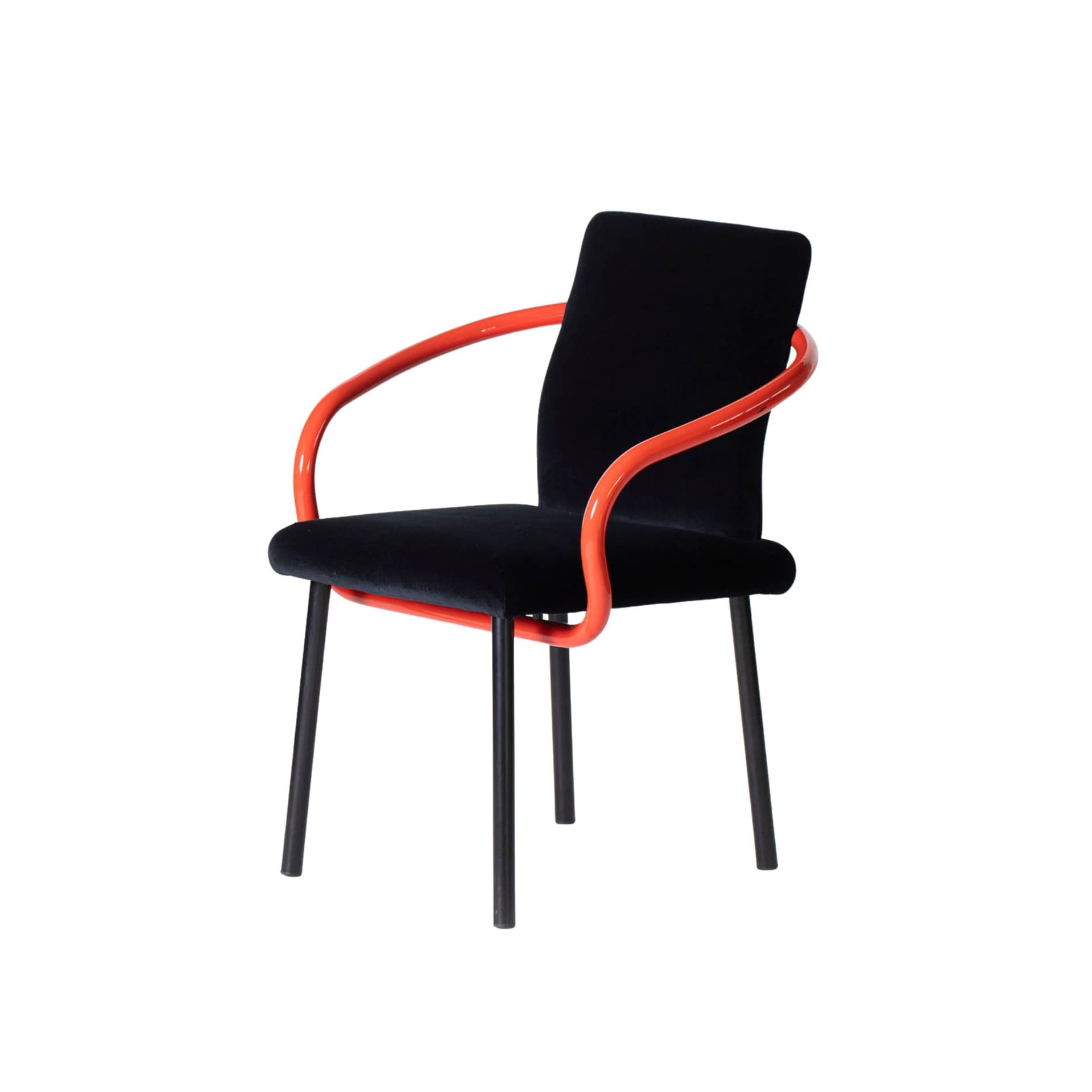 Armchair Mandarin, black velvet, red steel, by E. Sottsass, Knoll, Italy, 1990s.