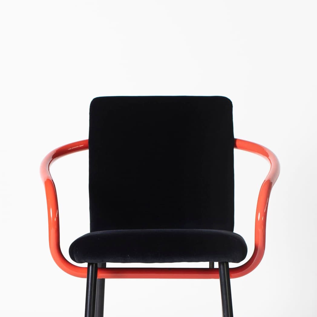 Armchair Mandarin, black velvet, red steel, by E. Sottsass, Knoll, Italy, 1990s. - 95445
