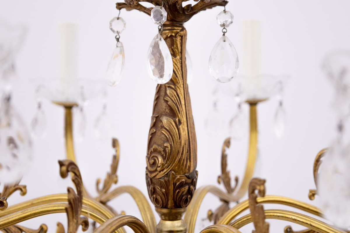 Złoty mosiężny żyrandol z kryształami, Europa Północna, lata 60. - 57837