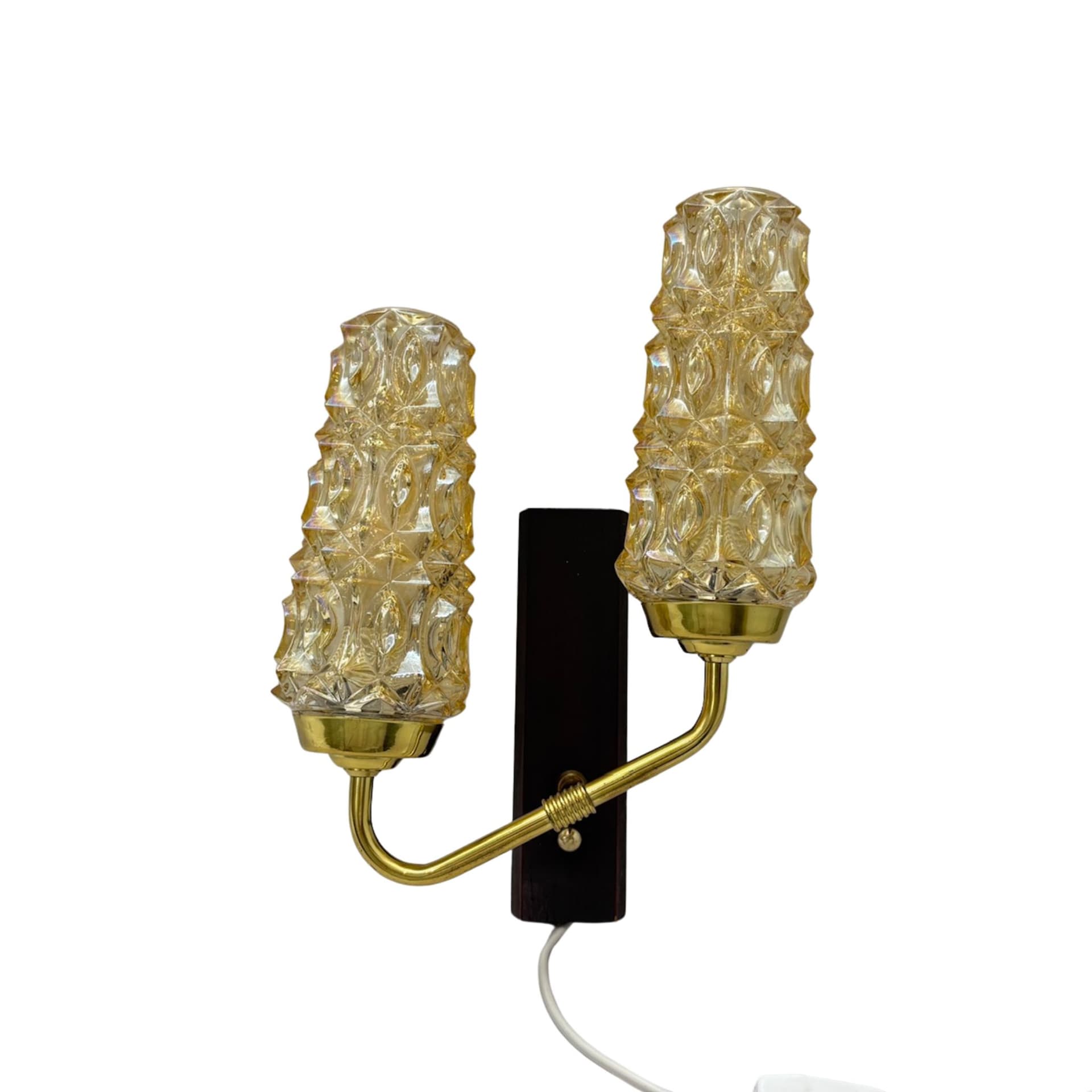 Kinkiet, teak ciemny, szkło bursztynowe, Dania, lata 70.