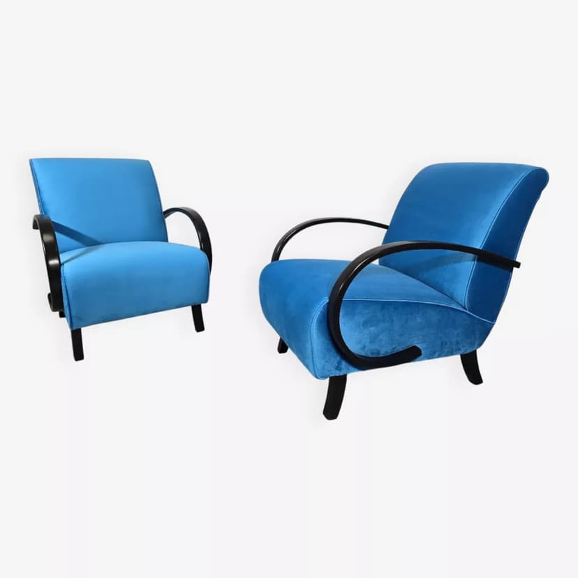Armchair H 410, blue velvet, by J. Halabala, UP Závody, Czechoslovakia, 1960s.