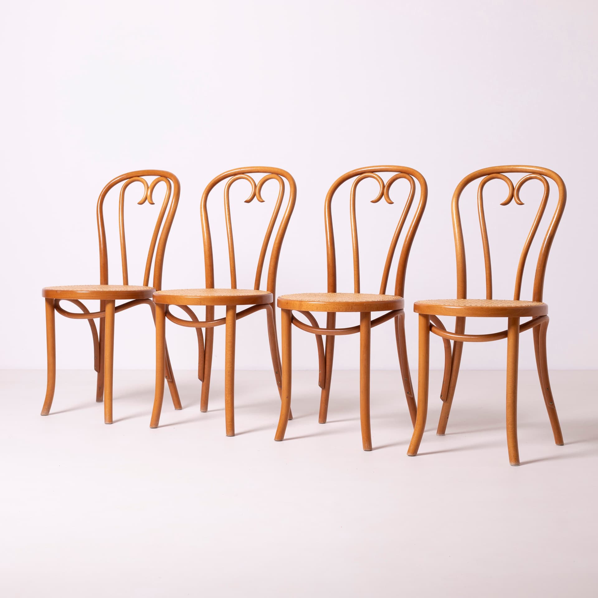 Set of Heart chairs, light brown beech, beige rattan, FAMEG Radomsko, Poland, 1980s. - 96257
