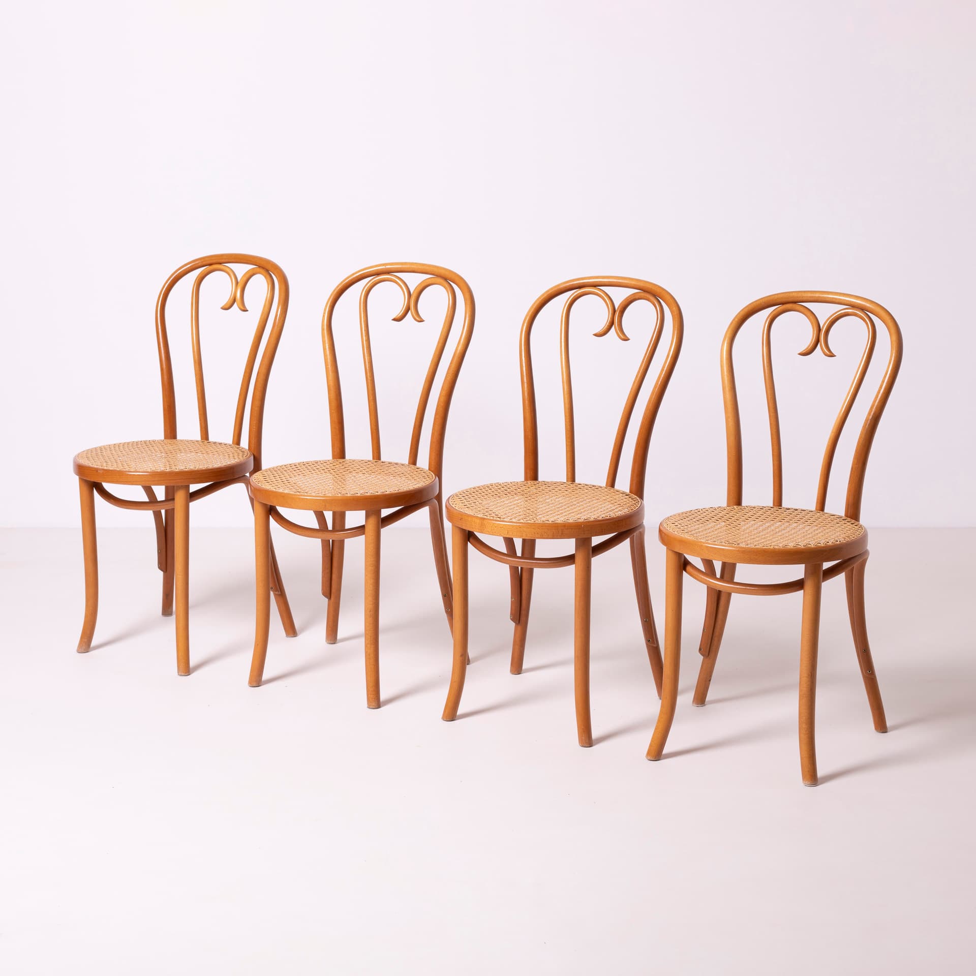 Set of Heart chairs, light brown beech, beige rattan, FAMEG Radomsko, Poland, 1980s. - 96256