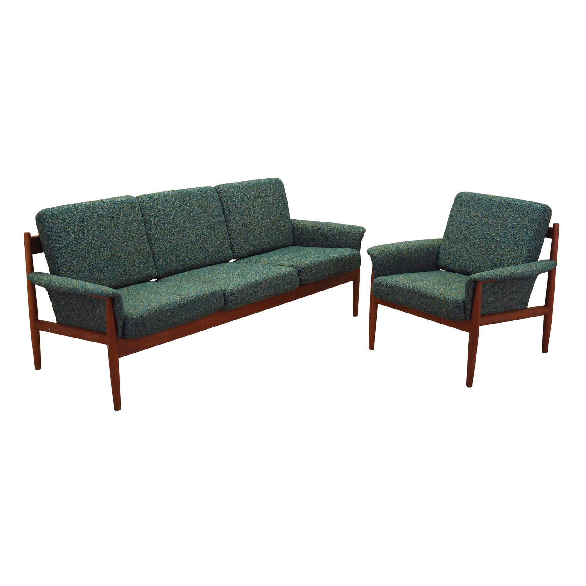 Komplet sofa i fotel, zielony, wełna, teak, proj. G. Jalk, France & Søn, Dania, lata 60.