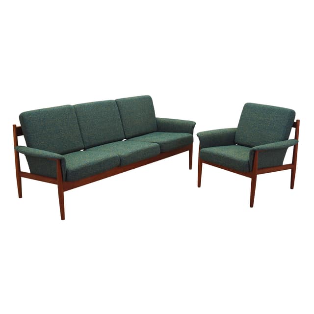Komplet sofa i fotel, zielony, wełna, teak, proj. G. Jalk, France & Søn, Dania, lata 60. - WYMIARY