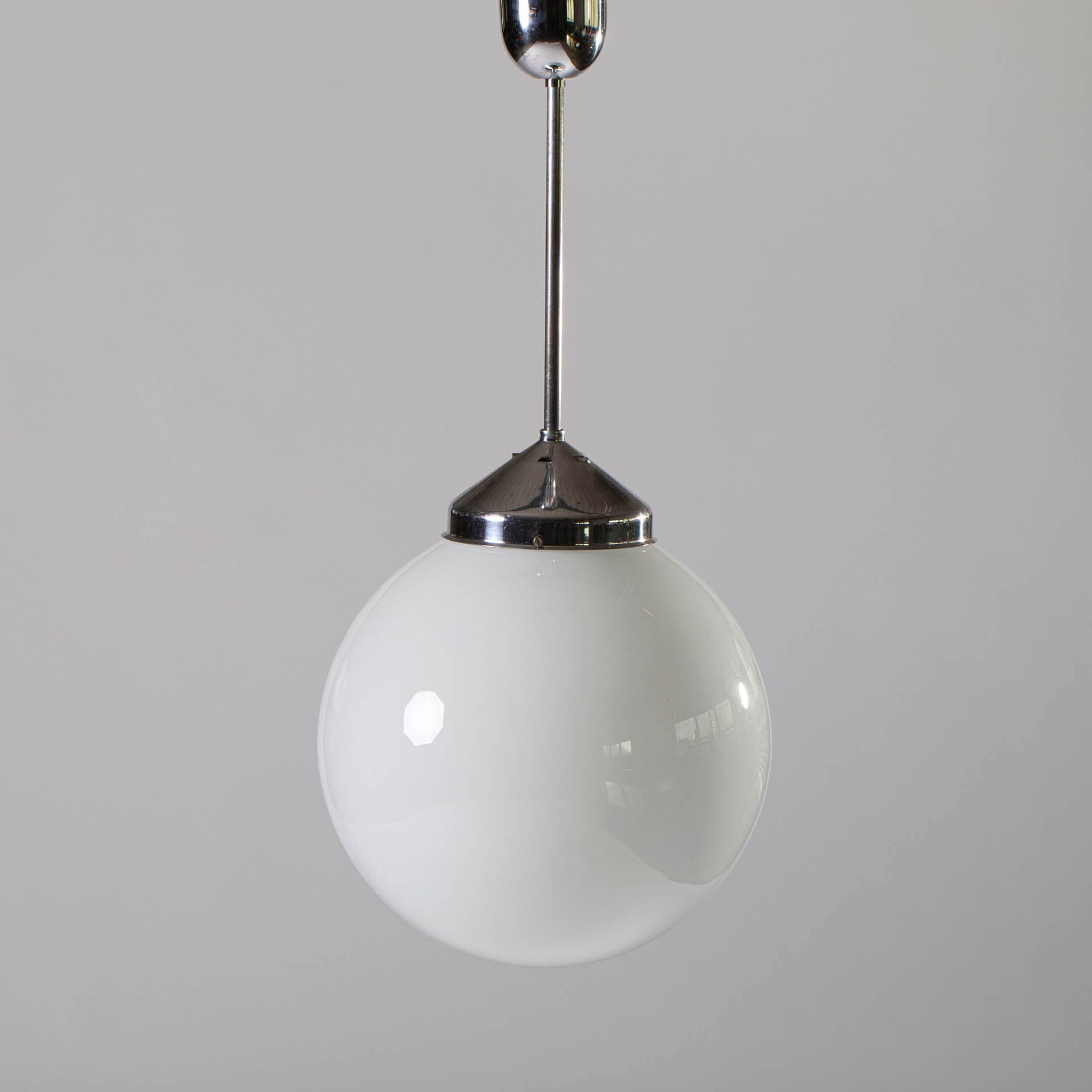 Pendant lamp Bauhaus, white opal glass, chrome steel, Napako, Czechoslovakia, 1930s. - 97314