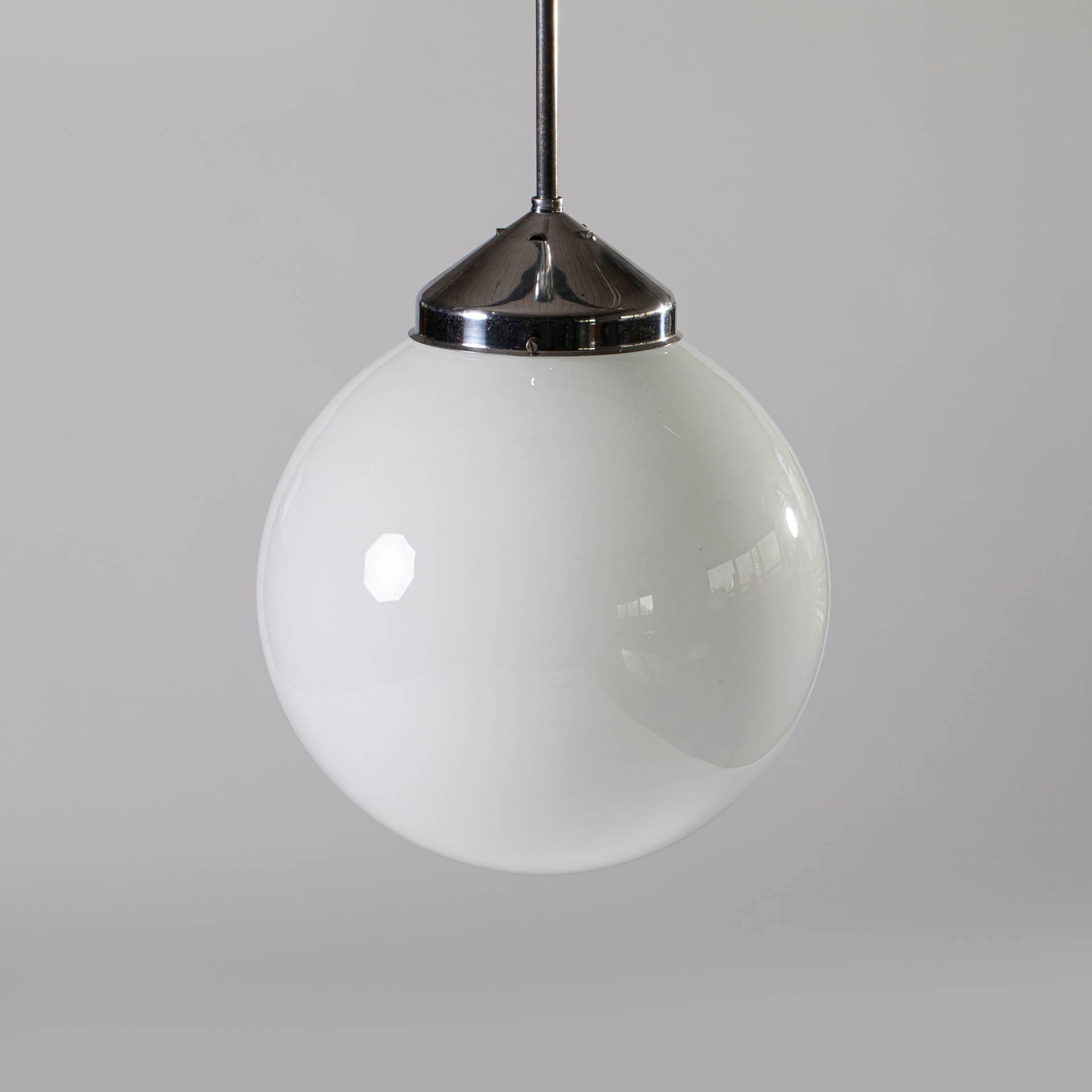 Pendant lamp Bauhaus, white opal glass, chrome steel, Napako, Czechoslovakia, 1930s. - 97315
