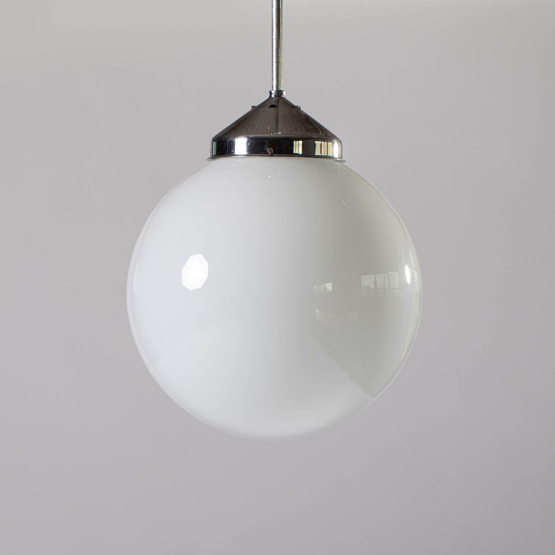 Pendant lamp Bauhaus, white opal glass, chrome steel, Napako, Czechoslovakia, 1930s. - 97316