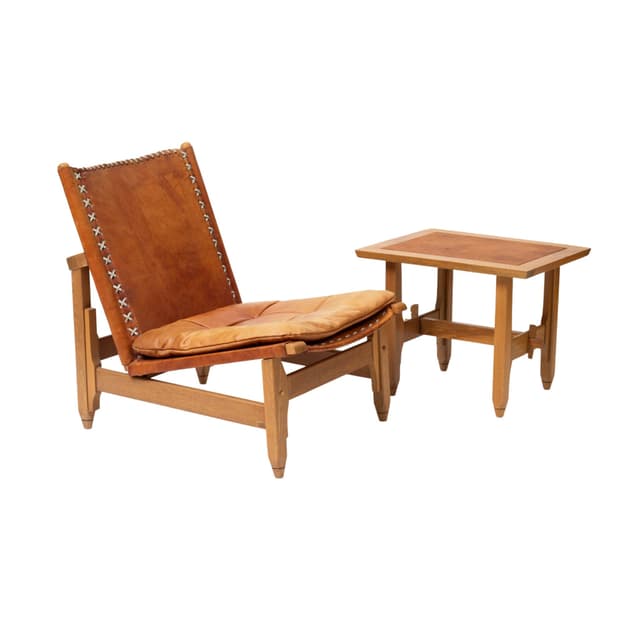 Fotel i stolik, skóra naturalna koniakowa, orzech jasny, proj. W. Biermann, Arte Sano, Kolumbia, lata 60. - WYMIARY