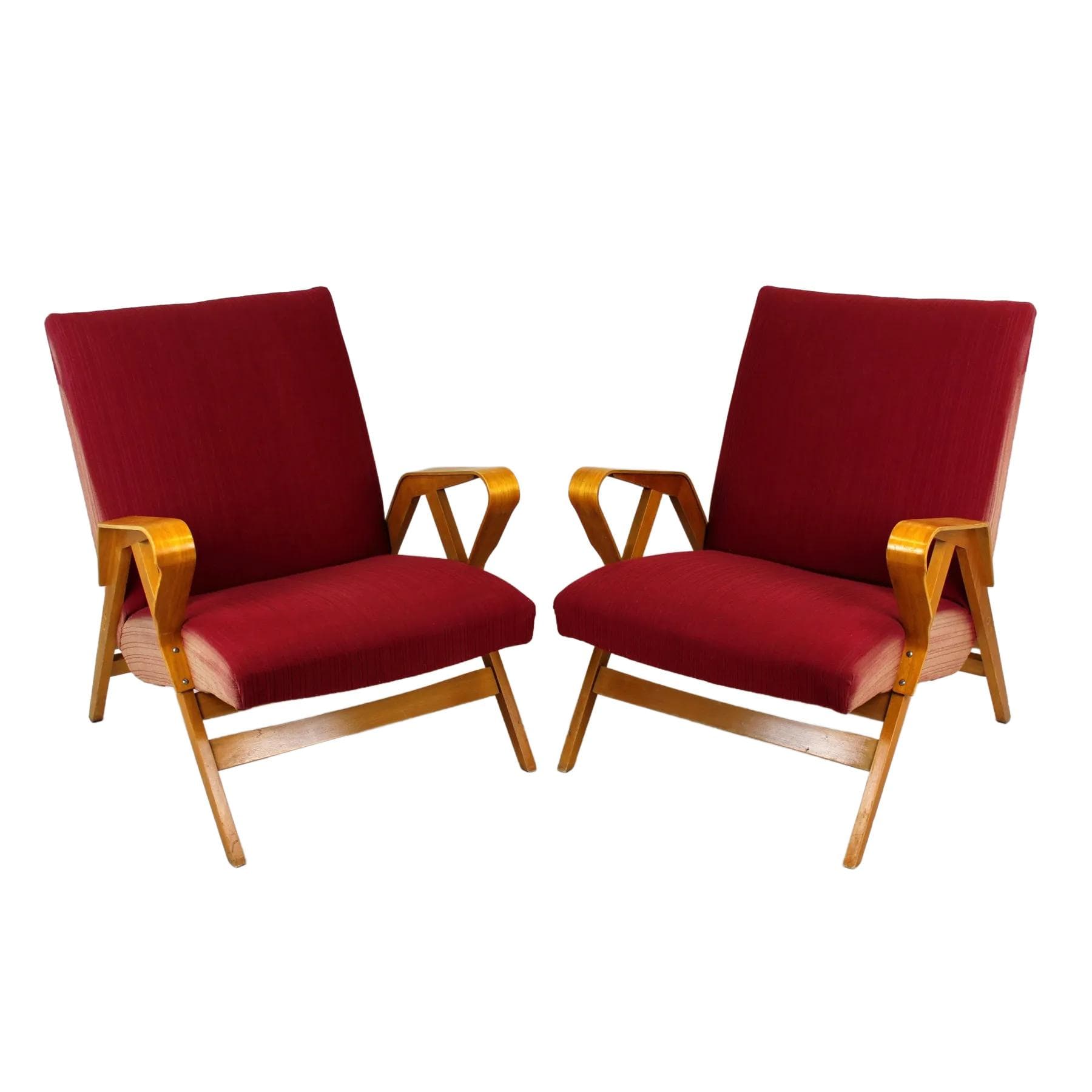 Para foteli, drewno jasne, tapicerka bordowa, proj. F. Jirák, Tatra Nabytok, Czechy, lata 60.