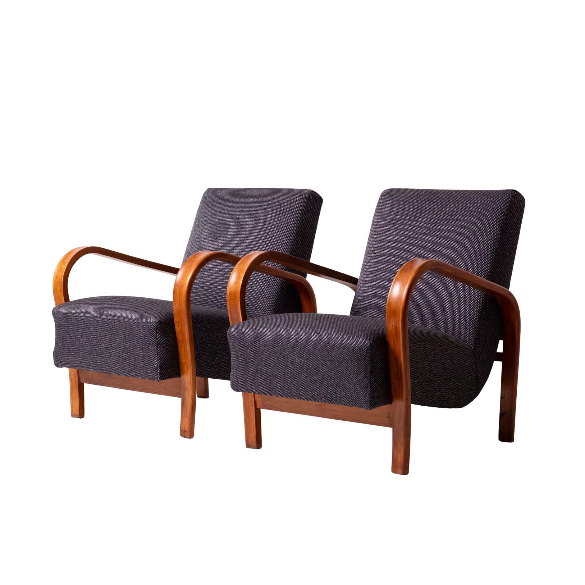 Pair of armchairs, oak, grey, by K. Kozelka and A. Kropacek, Interier Praha, Czechoslovakia, 1950s.
