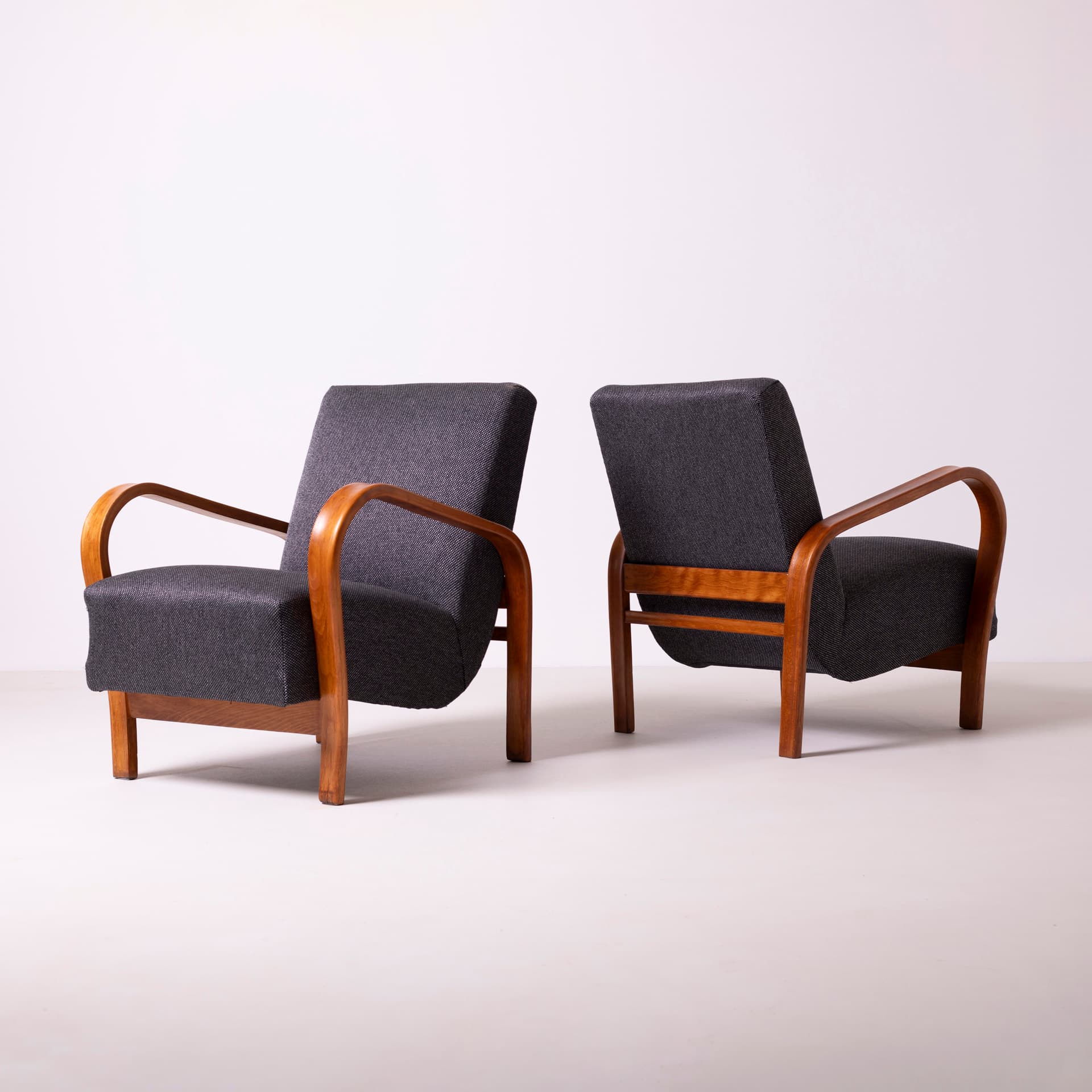 Pair of armchairs, oak, grey, by K. Kozelka and A. Kropacek, Interier Praha, Czechoslovakia, 1950s. - 98223
