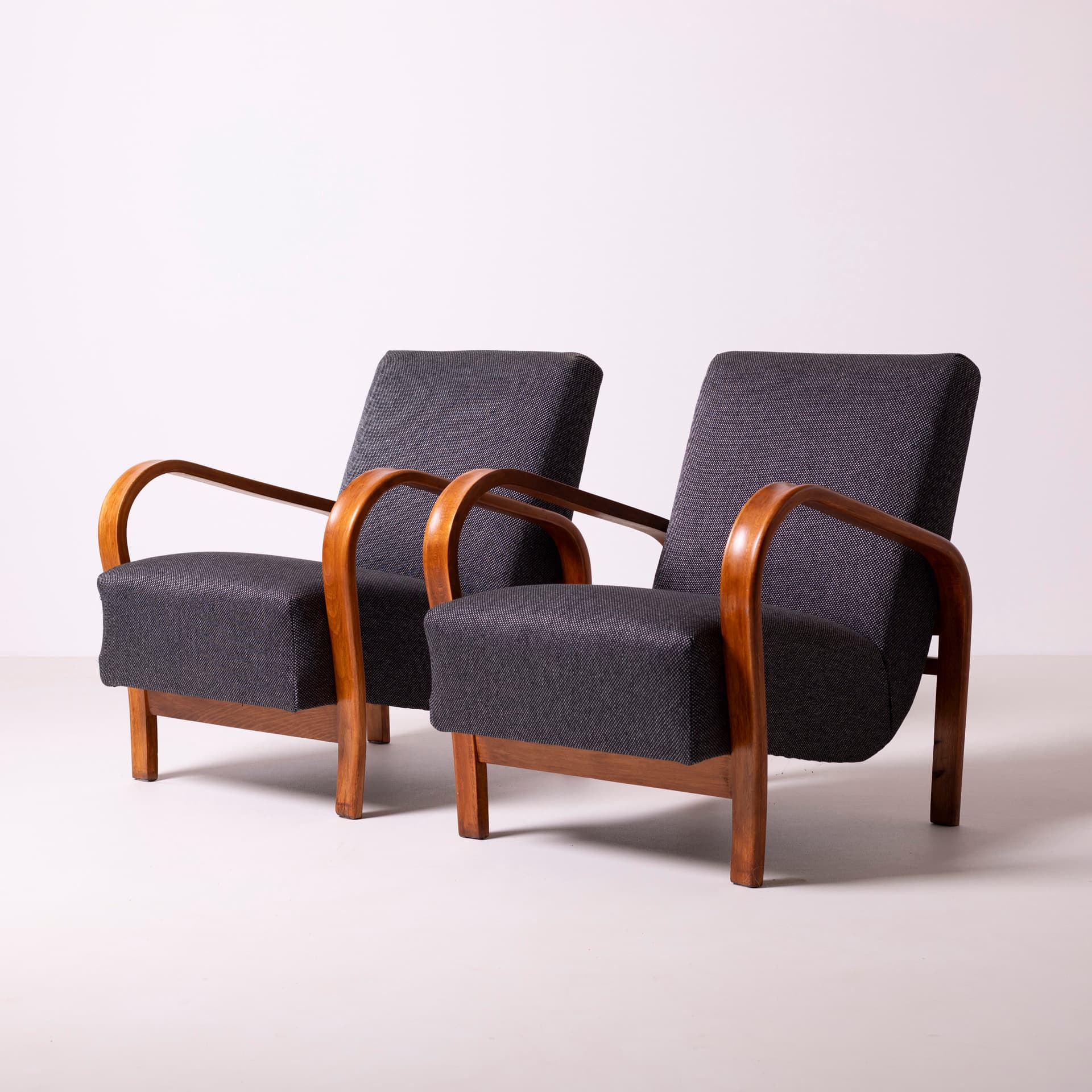 Pair of armchairs, oak, grey, by K. Kozelka and A. Kropacek, Interier Praha, Czechoslovakia, 1950s. - 98222
