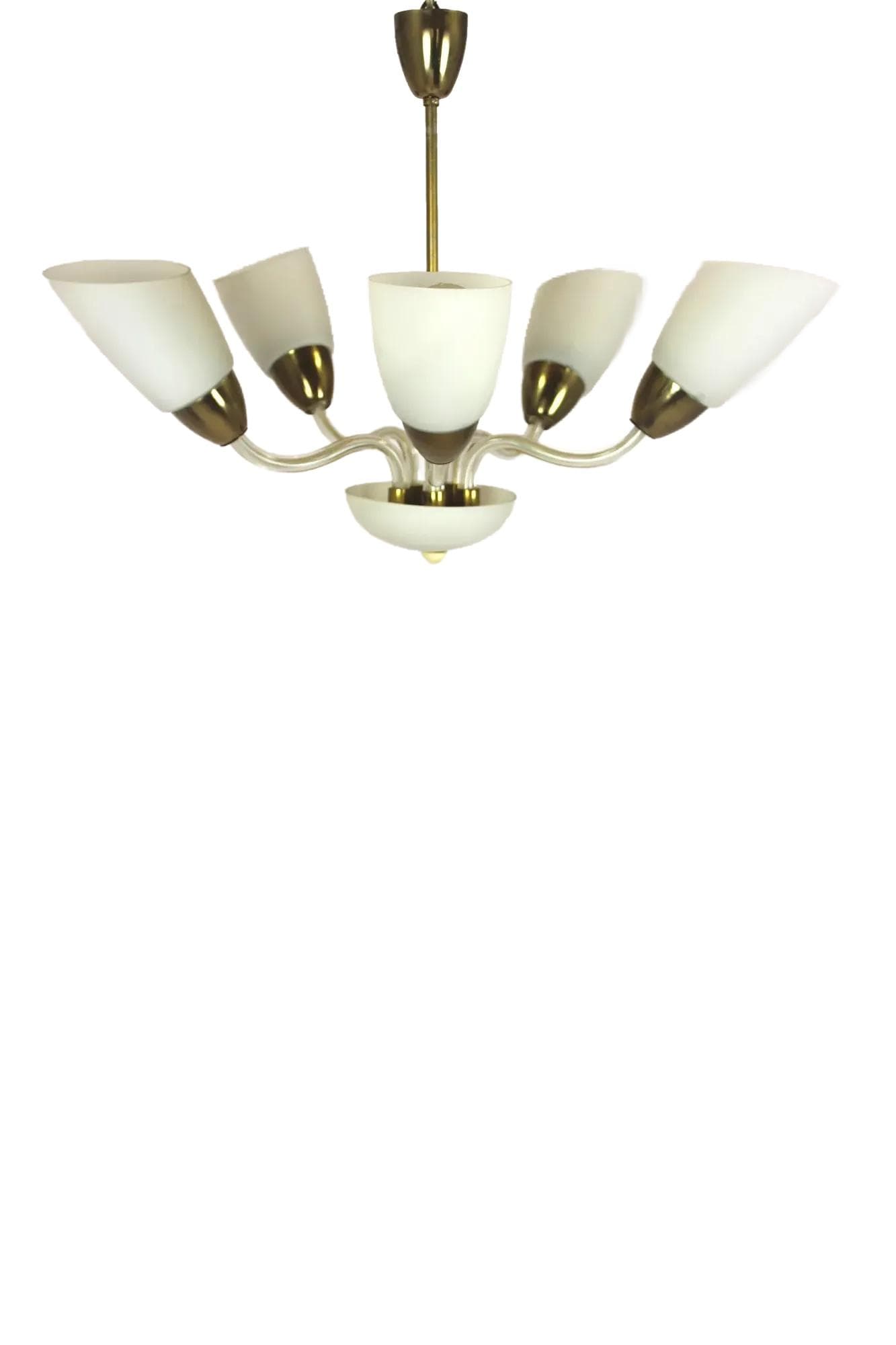 Ceiling lamp, white glass, brass, Czechoslovakia, 1960s.