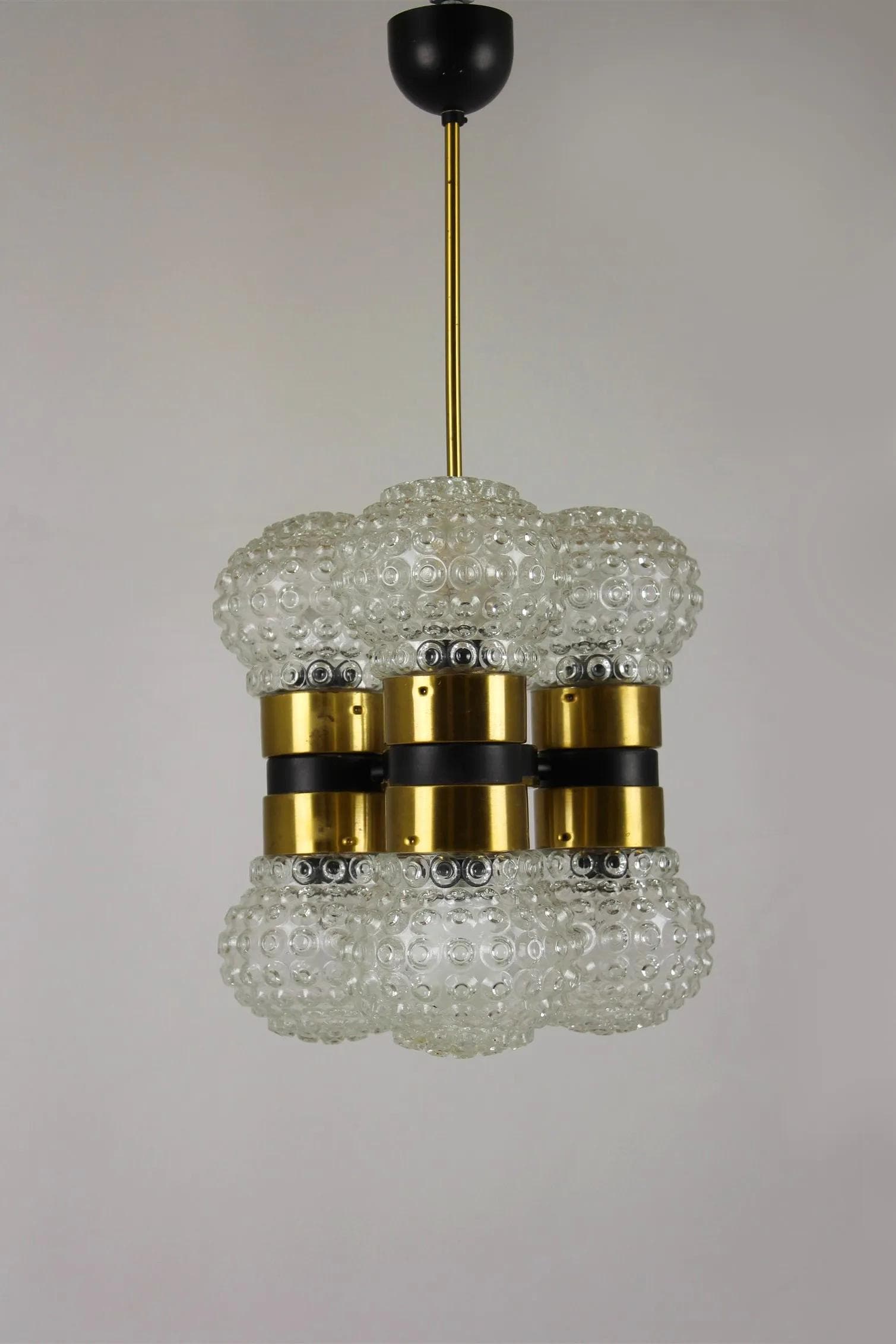 Ceiling lamp Mid-Century Modern, golden glass, black metal, Napako, Czech Republic, 1970s. - 98376