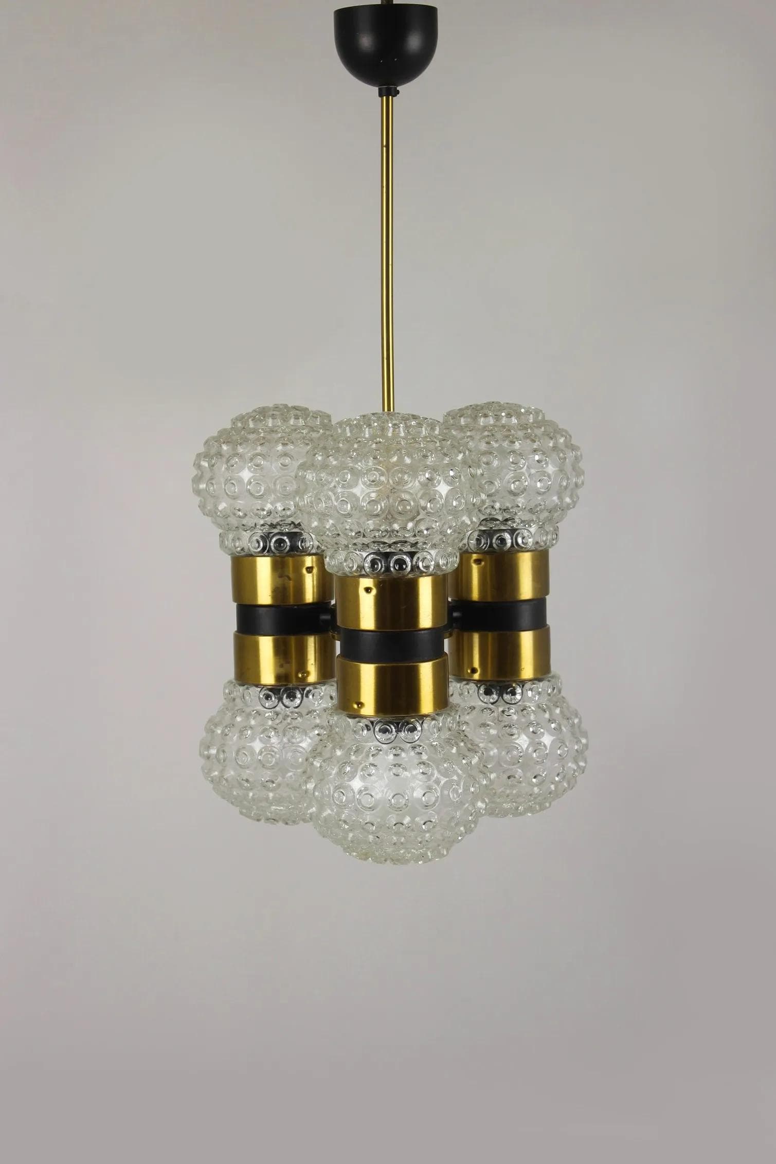 Ceiling lamp Mid-Century Modern, golden glass, black metal, Napako, Czech Republic, 1970s. - 98373