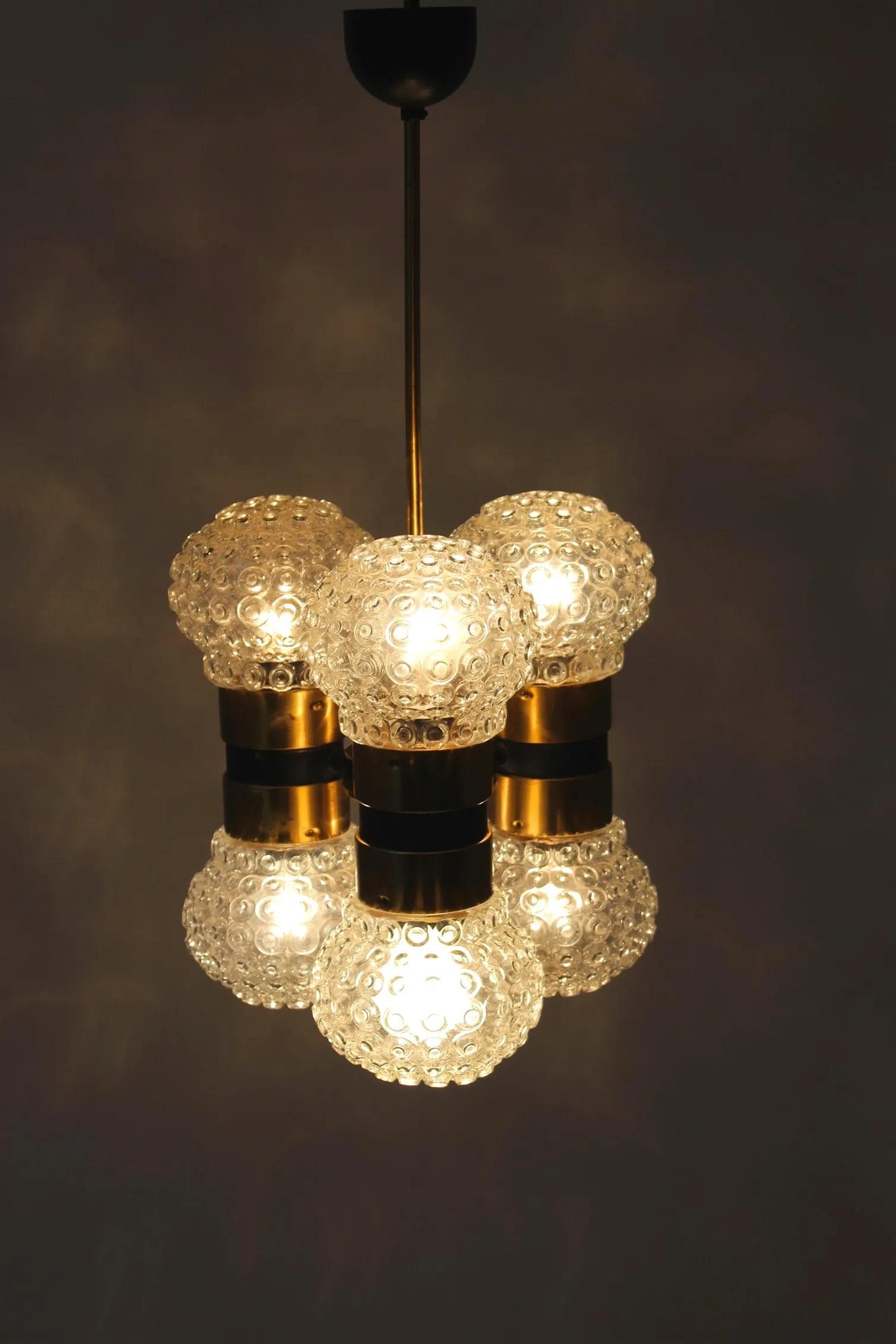 Ceiling lamp Mid-Century Modern, golden glass, black metal, Napako, Czech Republic, 1970s. - 98371
