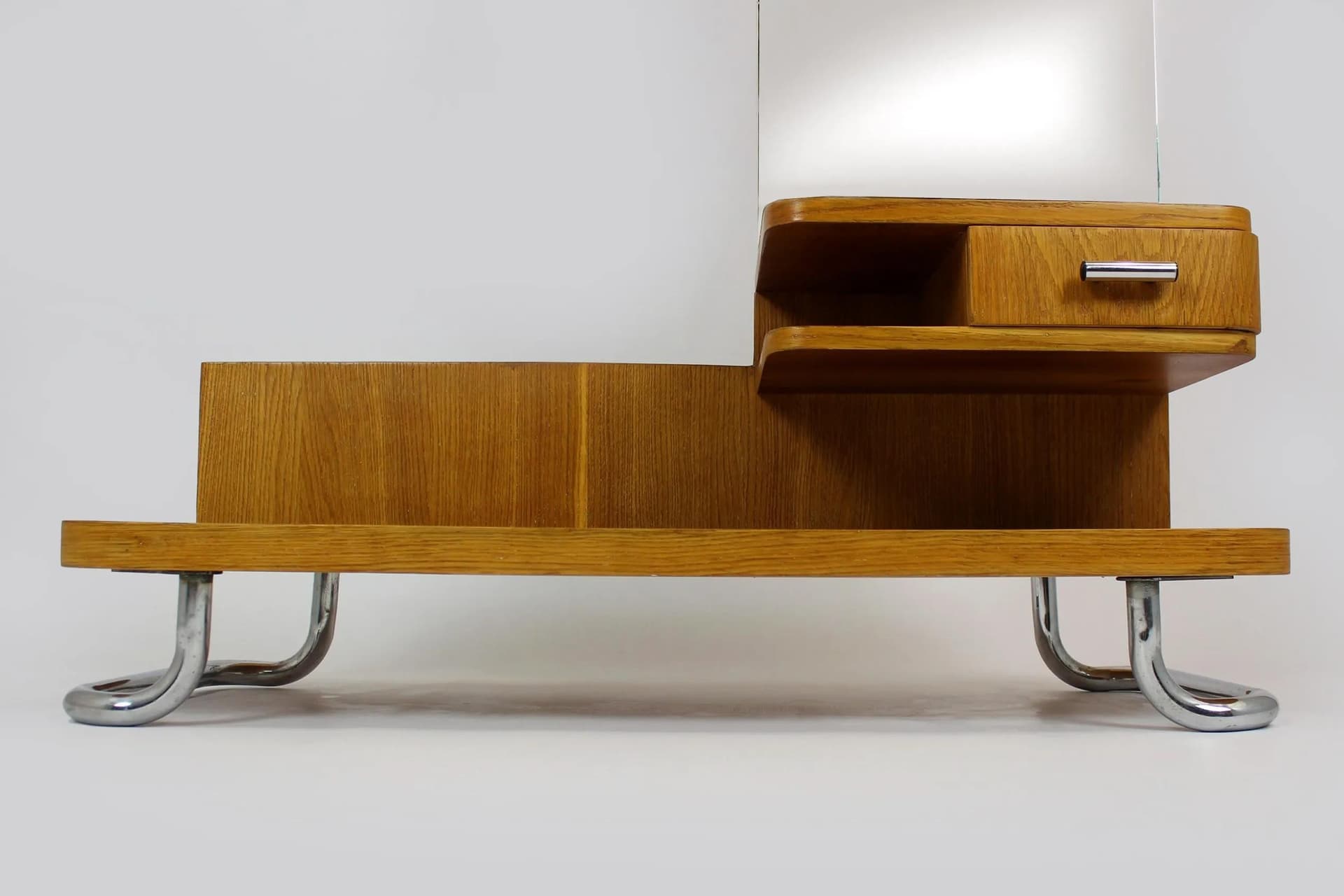 Dressing Table Bauhaus, brown oak, chrome, by H. Gottwald, Czechoslovakia, 1940s - 98356