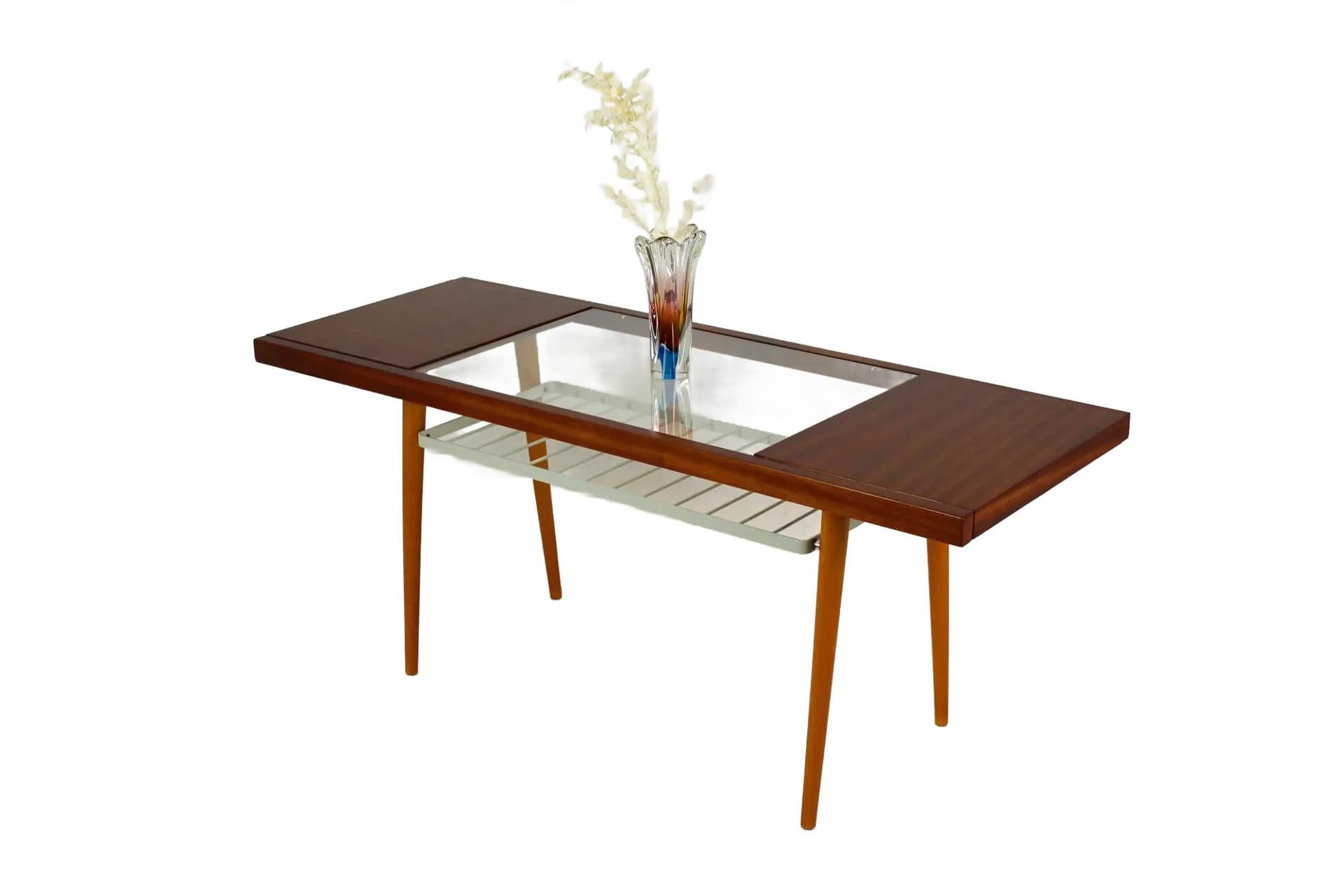 Coffee table, brown glass, wood, grey metal, Jitona, Czech Republic, 1960s.