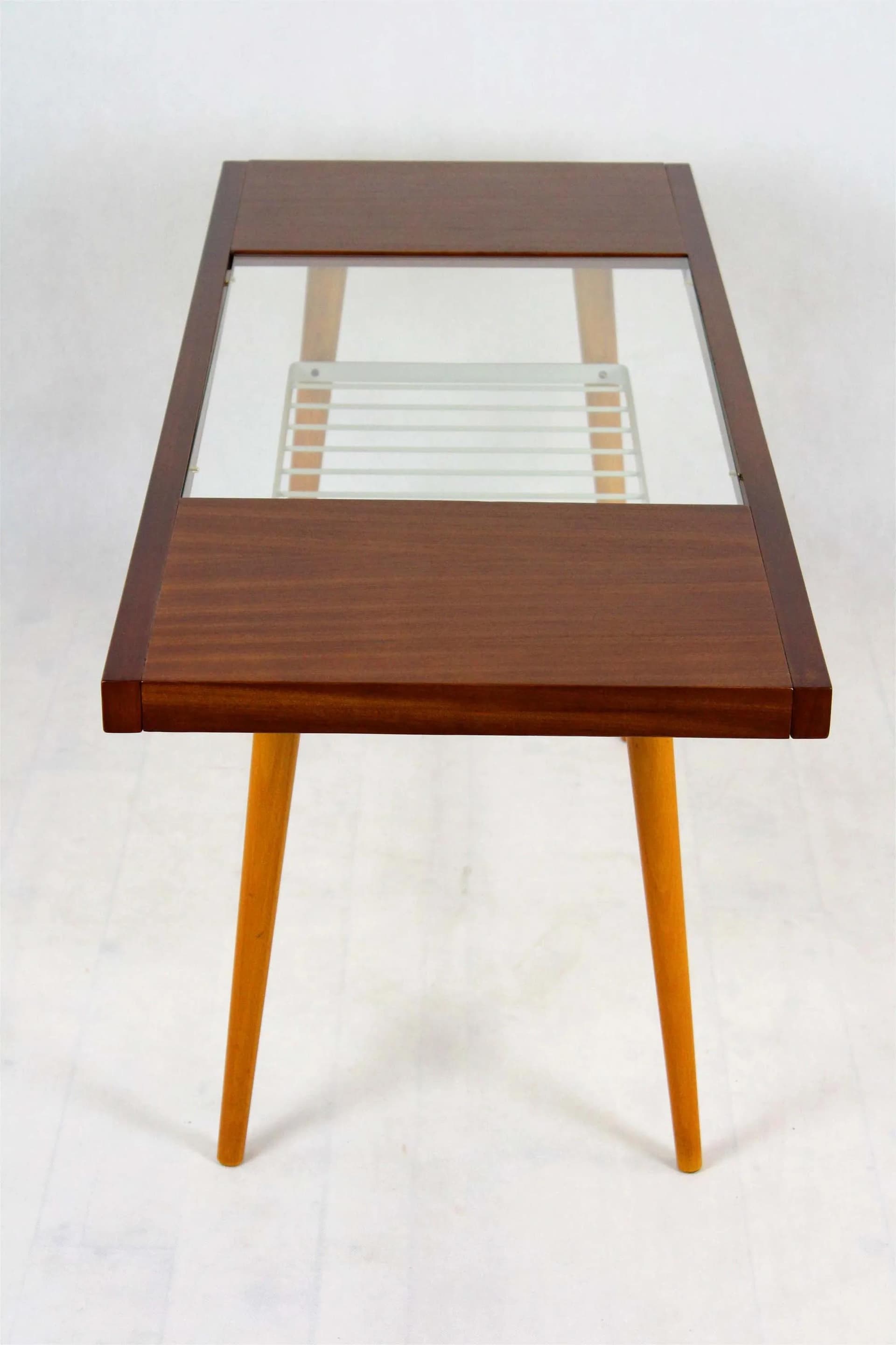 Coffee table, brown glass, wood, grey metal, Jitona, Czech Republic, 1960s. - 98502