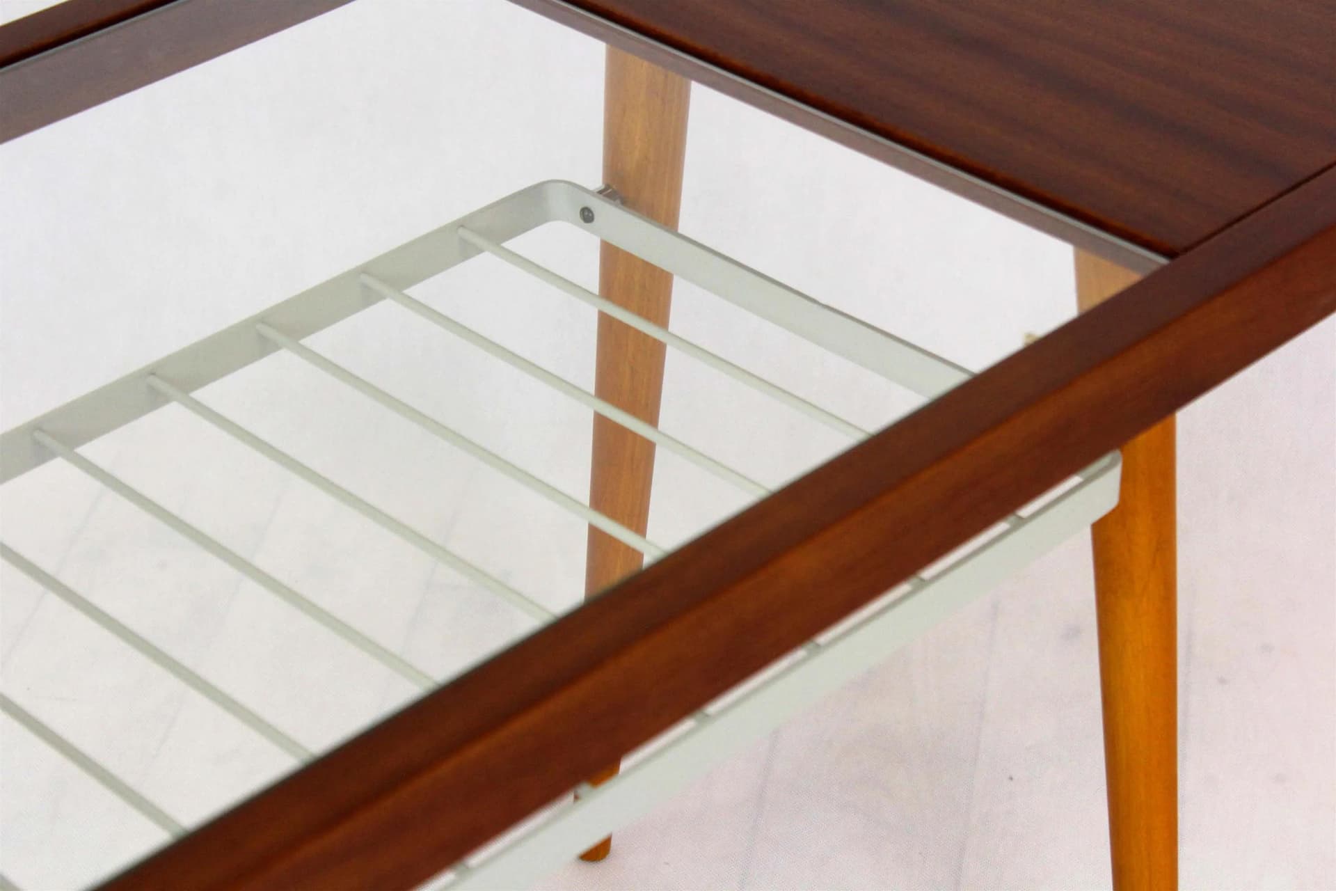 Coffee table, brown glass, wood, grey metal, Jitona, Czech Republic, 1960s. - 98503