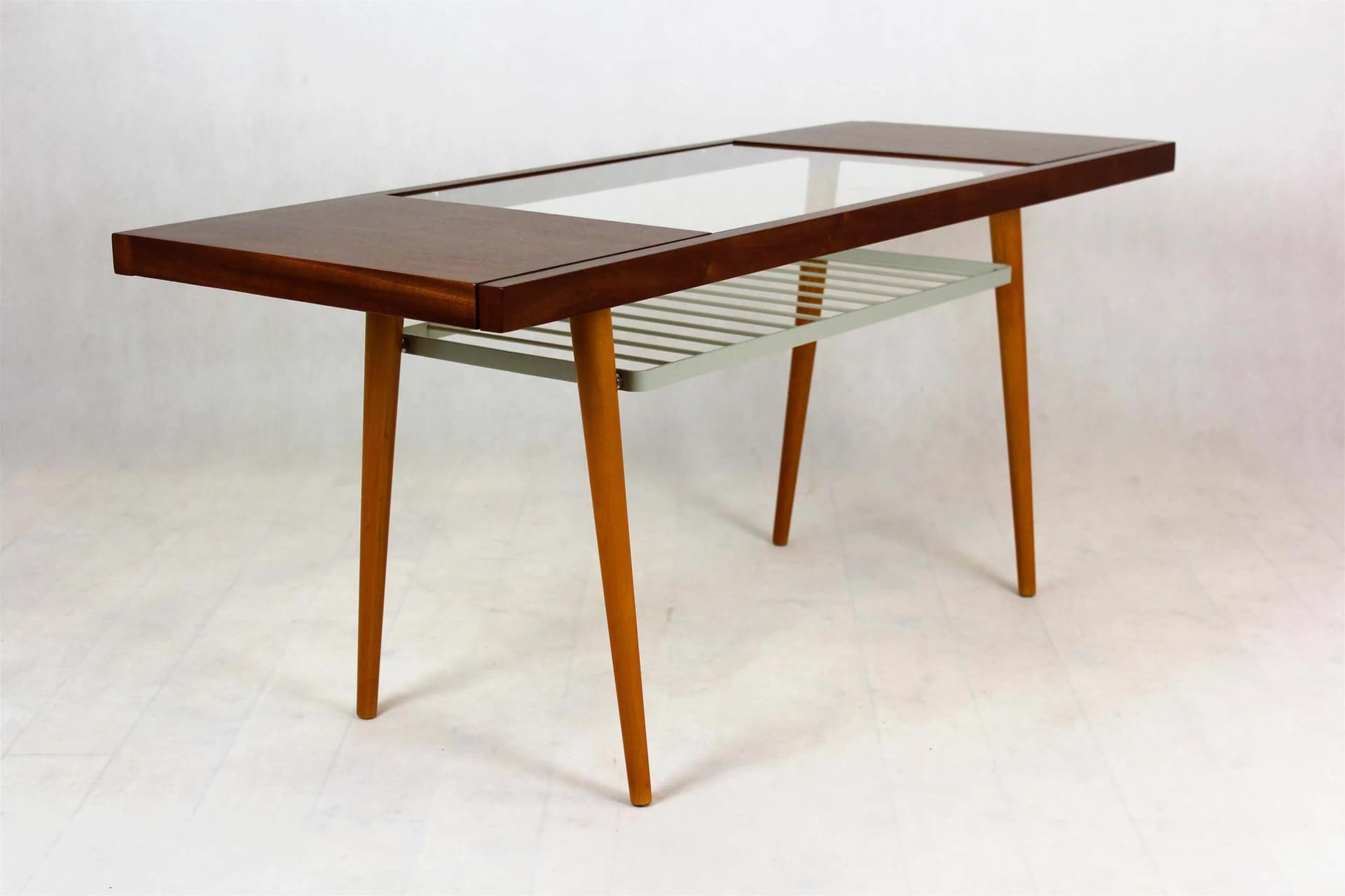 Coffee table, brown glass, wood, grey metal, Jitona, Czech Republic, 1960s. - 98507