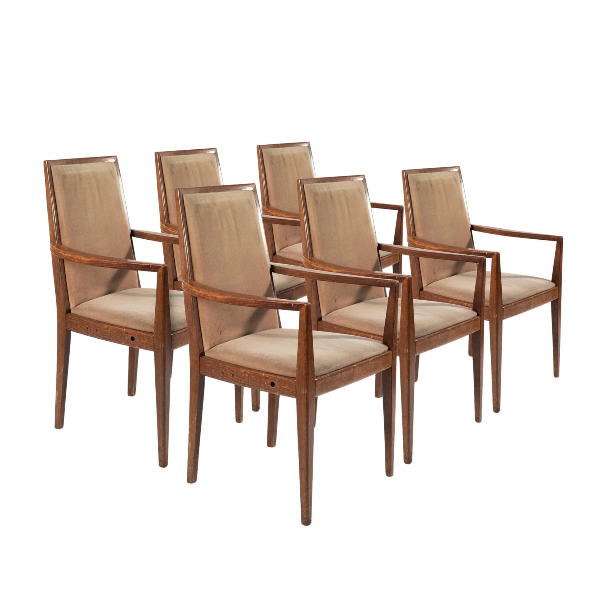 Set of six chairs, beige velvet, brown wood, Wiesner Hager, Austria, 1960s.