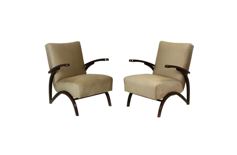 Para foteli Art Deco, beż, buk, proj. J. Halabala, Czechy, lata 40.