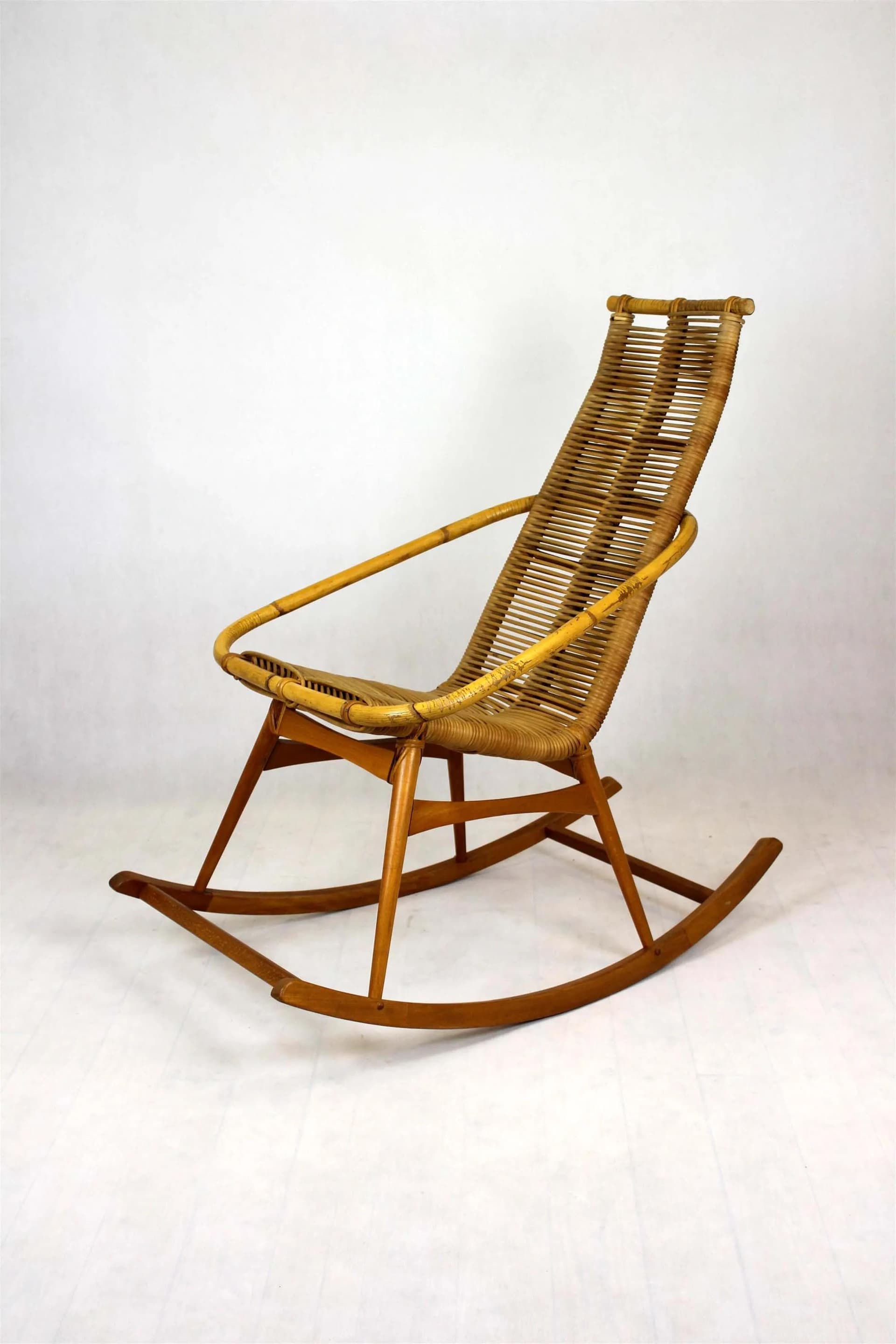 Rocking chair, brown rattan, wood, Czechoslovakia, 1960s. - 98440