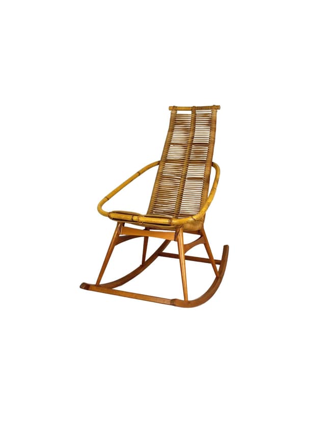 Rocking chair, brown rattan, wood, Czechoslovakia, 1960s. - DIMENSION