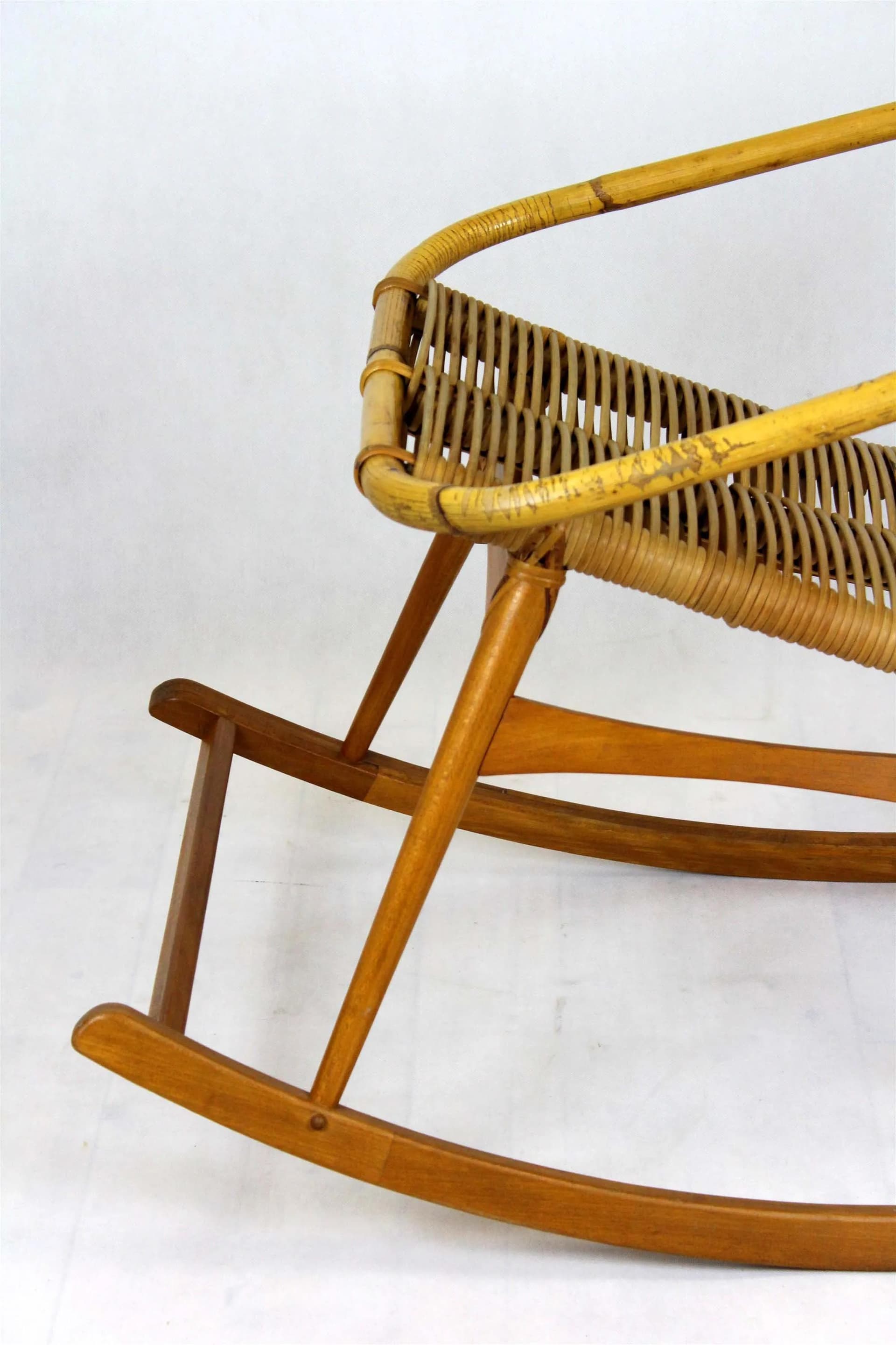 Rocking chair, brown rattan, wood, Czechoslovakia, 1960s. - 98443