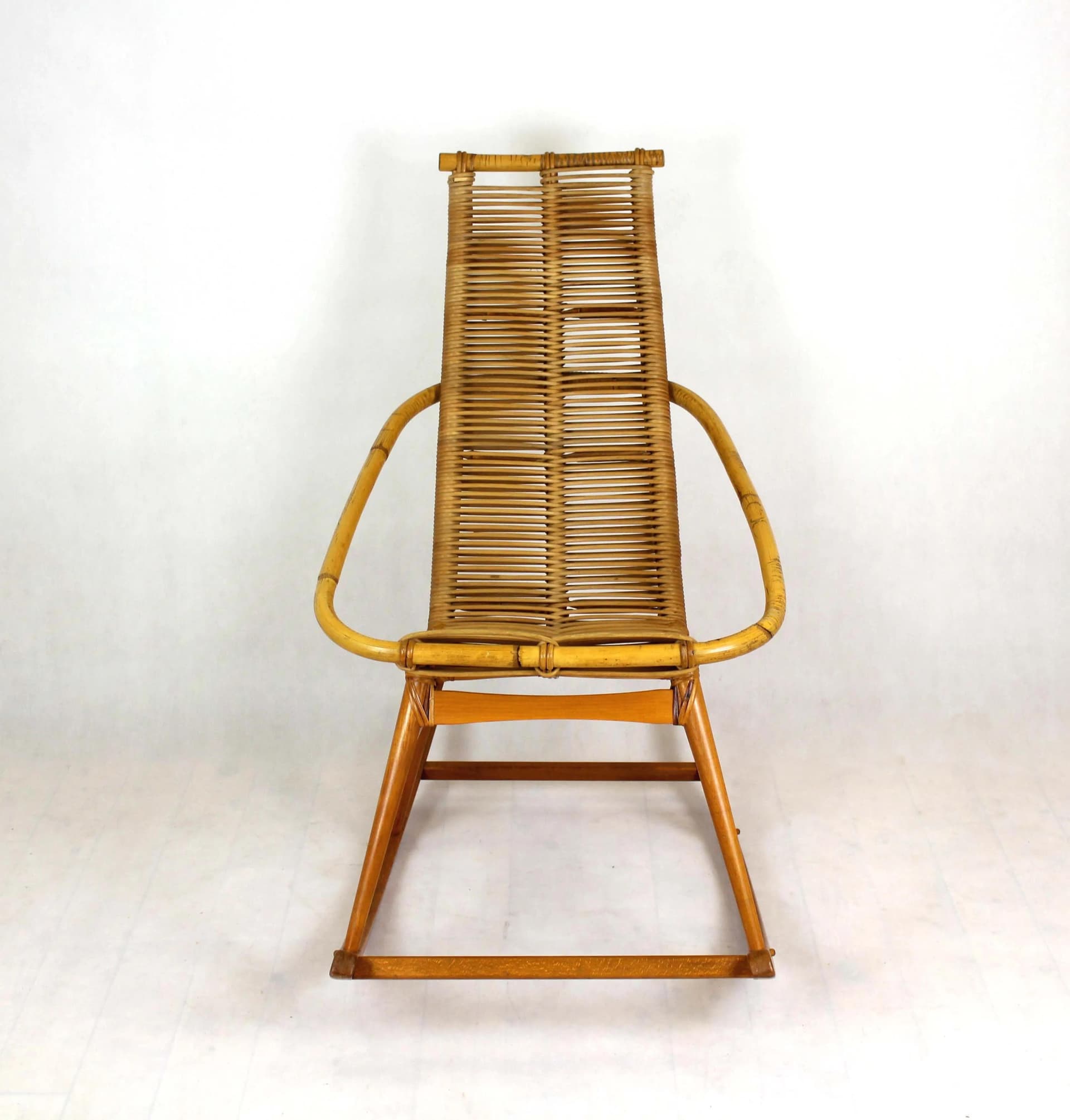 Rocking chair, brown rattan, wood, Czechoslovakia, 1960s. - 98445