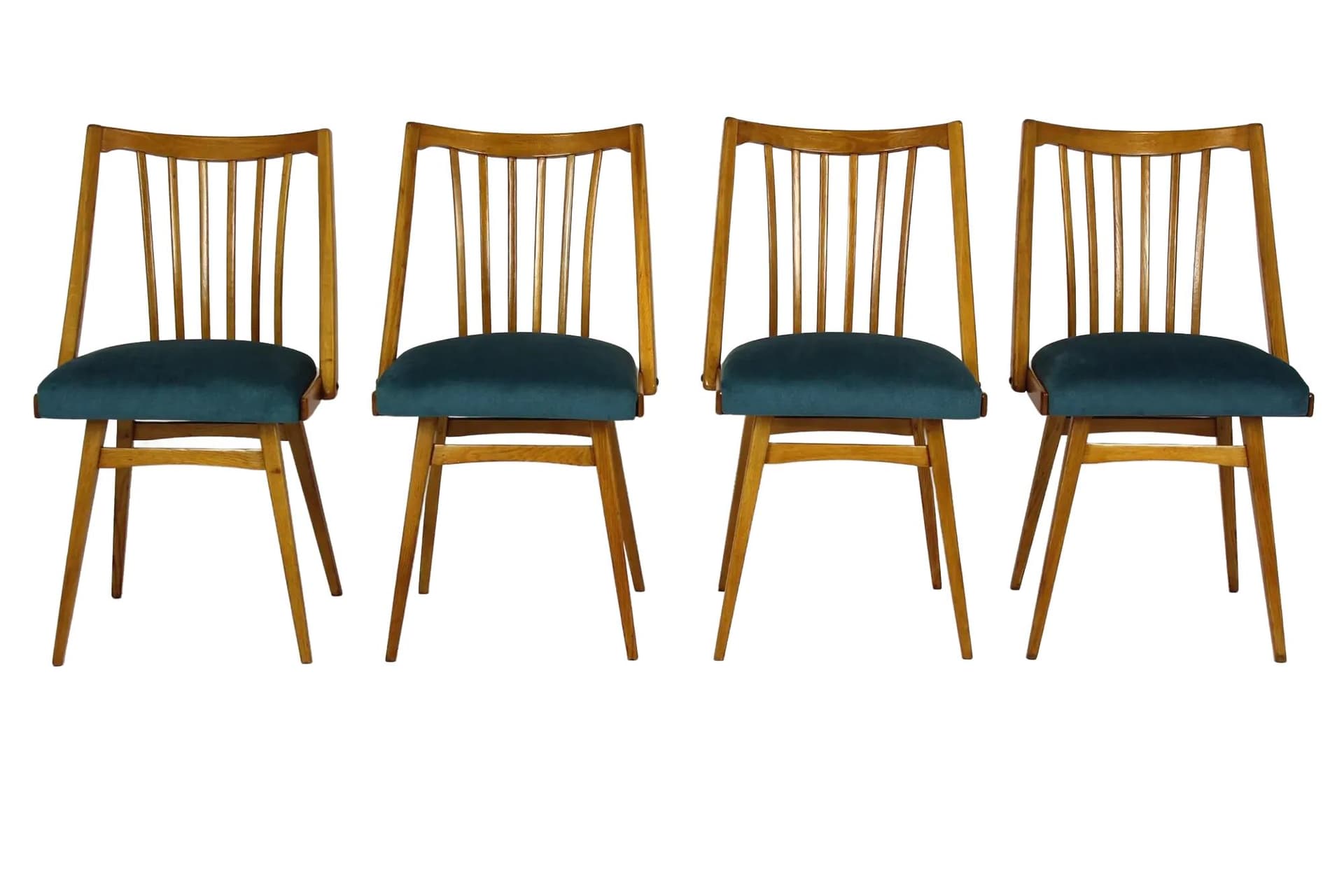 Zestaw czterech krzeseł jadalnianych, dąb brązowy, tapicerka ciemnoniebieska, Interier Praha, Czechy, lata 60.