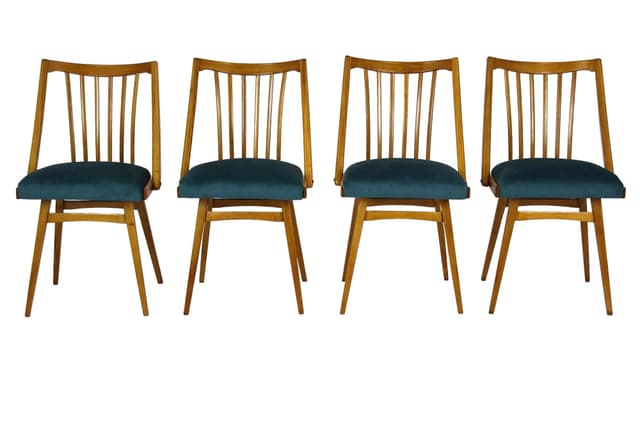 Zestaw czterech krzeseł jadalnianych, dąb brązowy, tapicerka ciemnoniebieska, Interier Praha, Czechy, lata 60. - WYMIARY