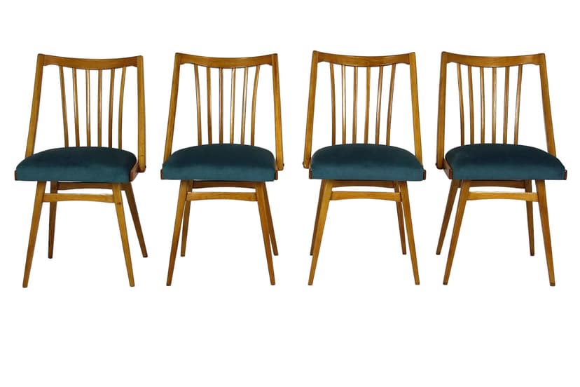 Zestaw czterech krzeseł jadalnianych, dąb brązowy, tapicerka ciemnoniebieska, Interier Praha, Czechy, lata 60.