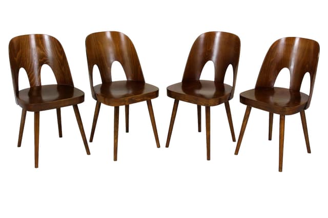 Zestaw czterech krzeseł, drewno brązowy, proj. O. Haerdtl, TON, Czechy, lata 60. - WYMIARY