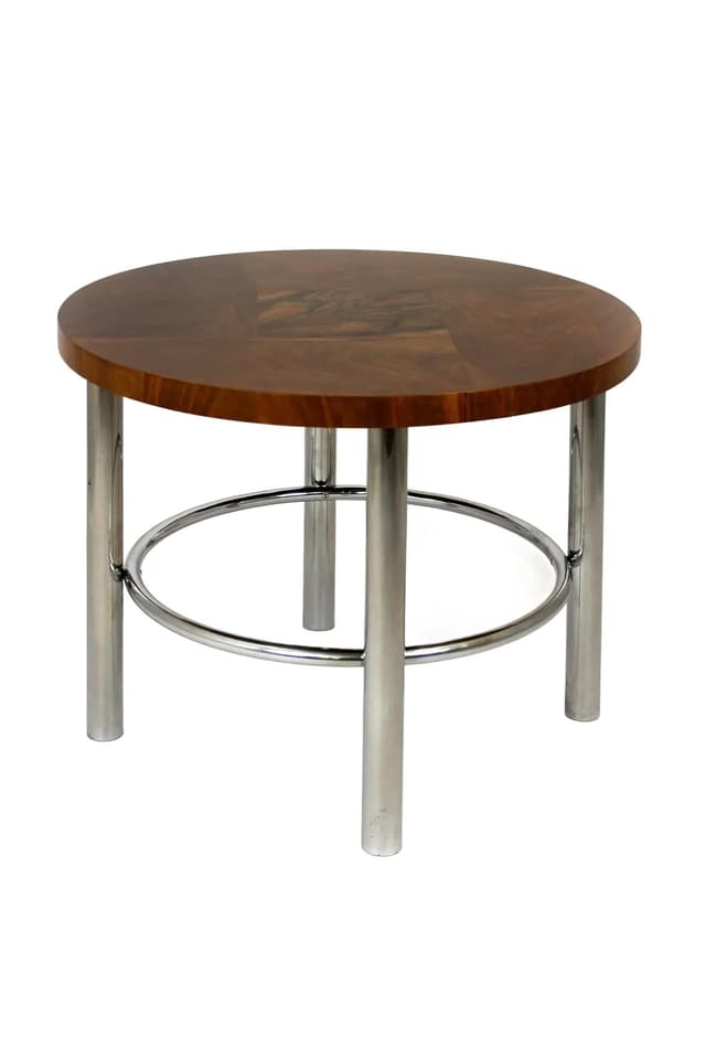 Stół Bauhaus, orzech brązowy, stal chromowana, proj. R. Slezak, Czechy, lata 30. - WYMIARY