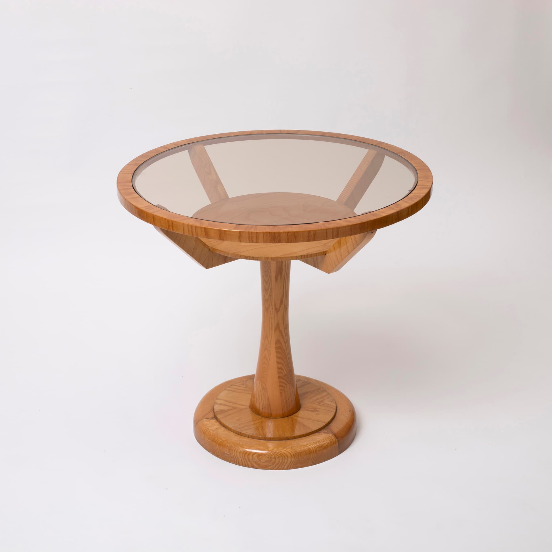 Stolik pomocniczy, jesion jasnobrązowy, szkło przydymione, Czechosłowacja, lata 60. - 98702