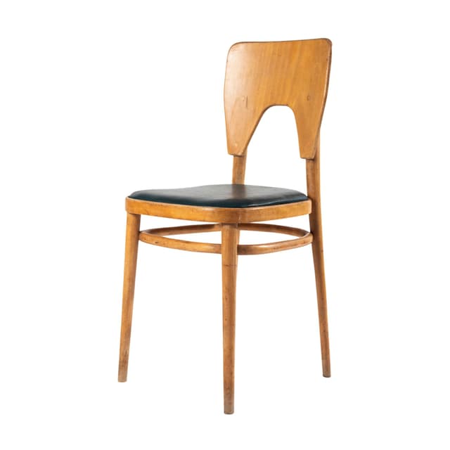 Krzesło A 590, sztuczna skóra bottle green, buk, sklejka, proj. M. Sigmund, Polska, lata 50. - WYMIARY