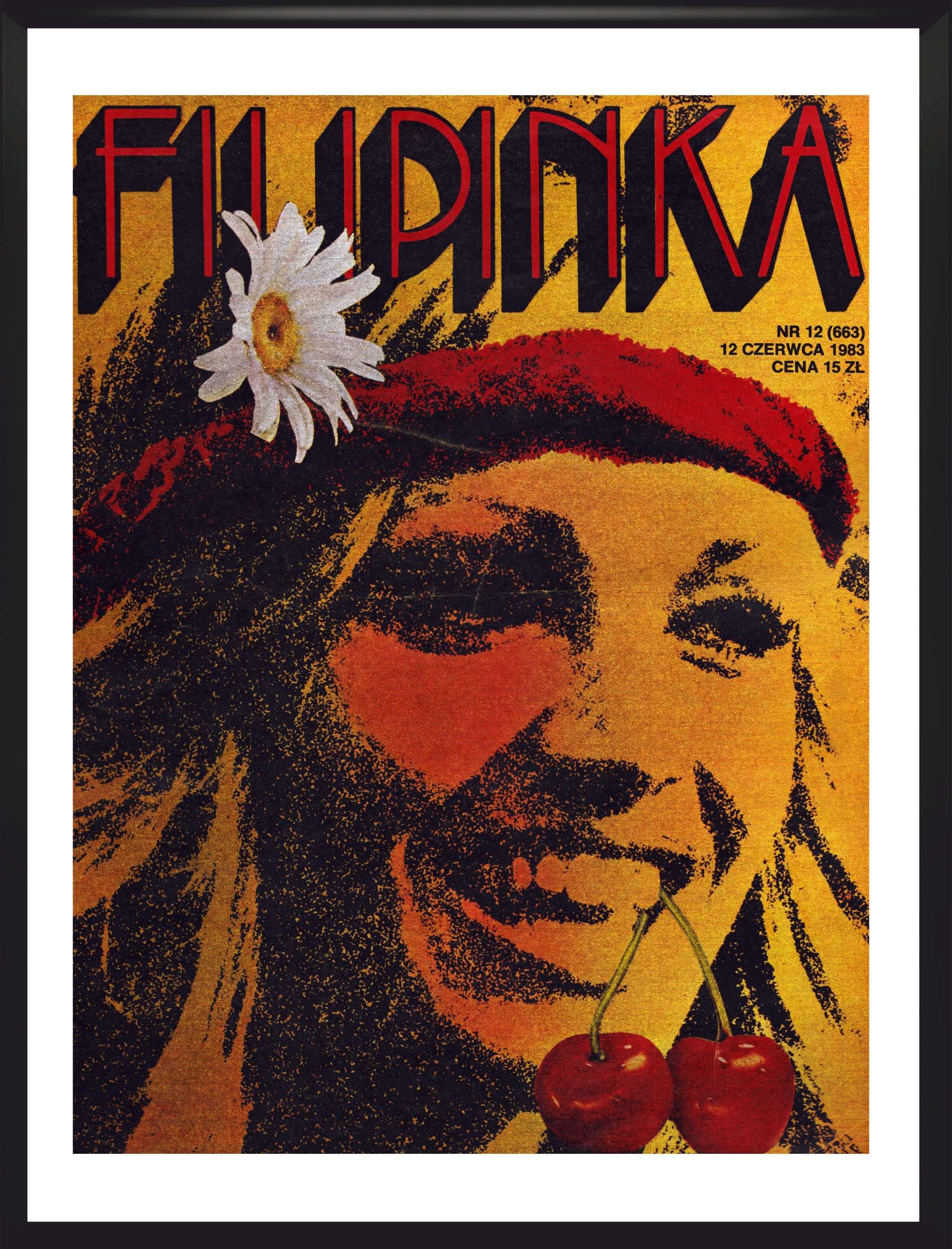 Plakat okładka Filipinka 30x40 cm, żółty, szkło, aut. A. Bolimowski, W. Kuliński, Polska, lata 80.