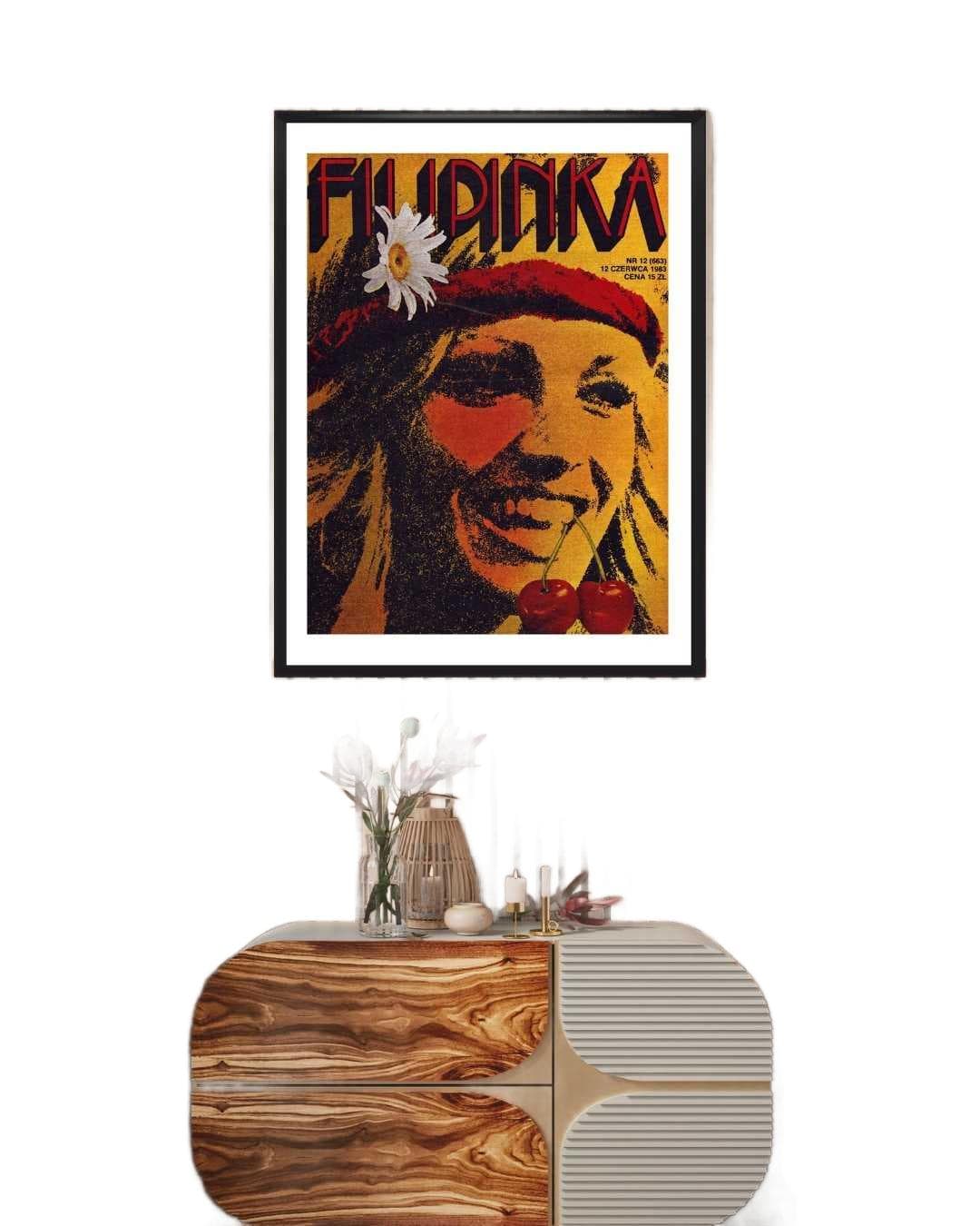 Plakat okładka Filipinka 30x40 cm, żółty, szkło, aut. A. Bolimowski, W. Kuliński, Polska, lata 80. - 99539