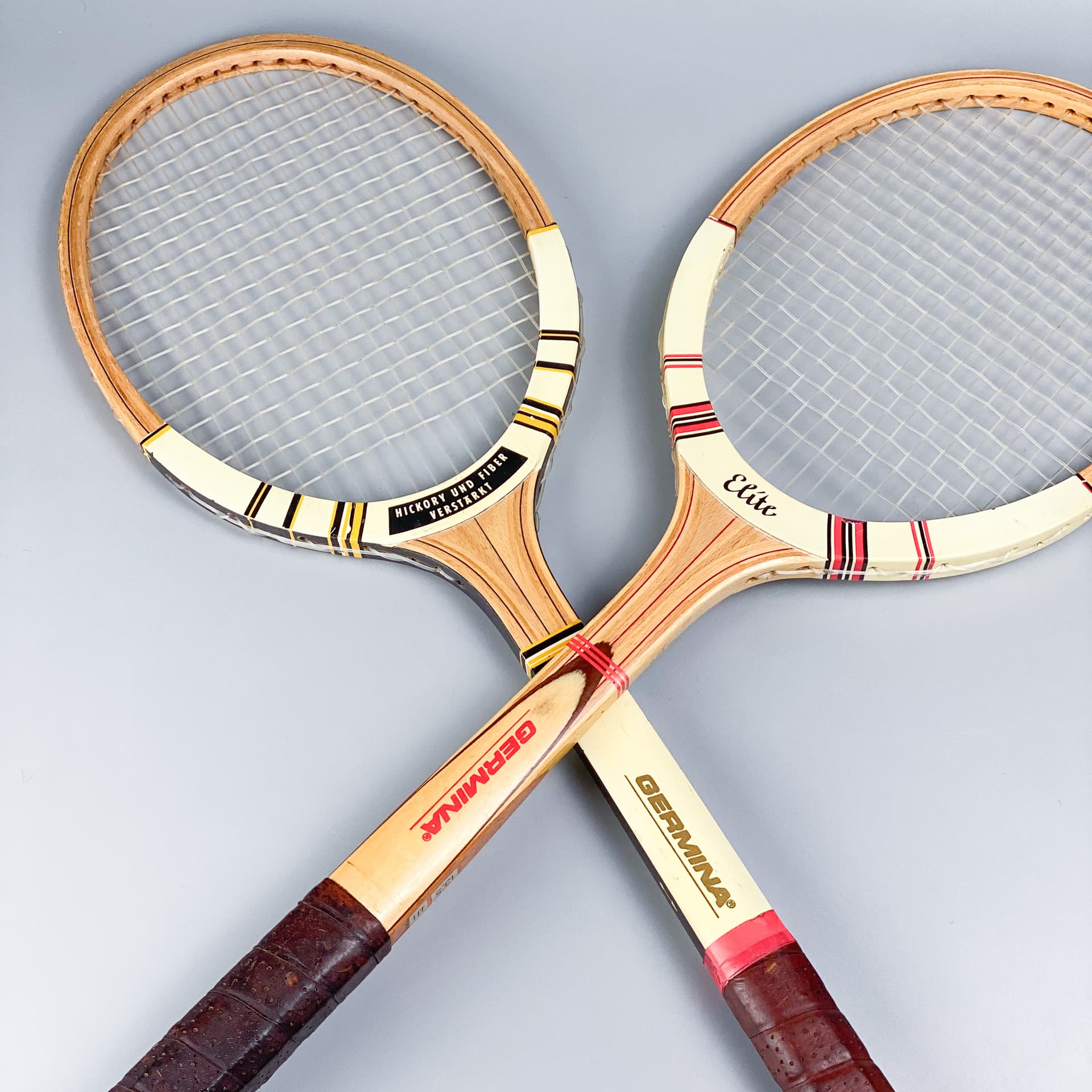 Zestaw dwóch rakiet tenisowych Germina Elite, multikolor, drewno, Niemcy, lata 60. - 98932