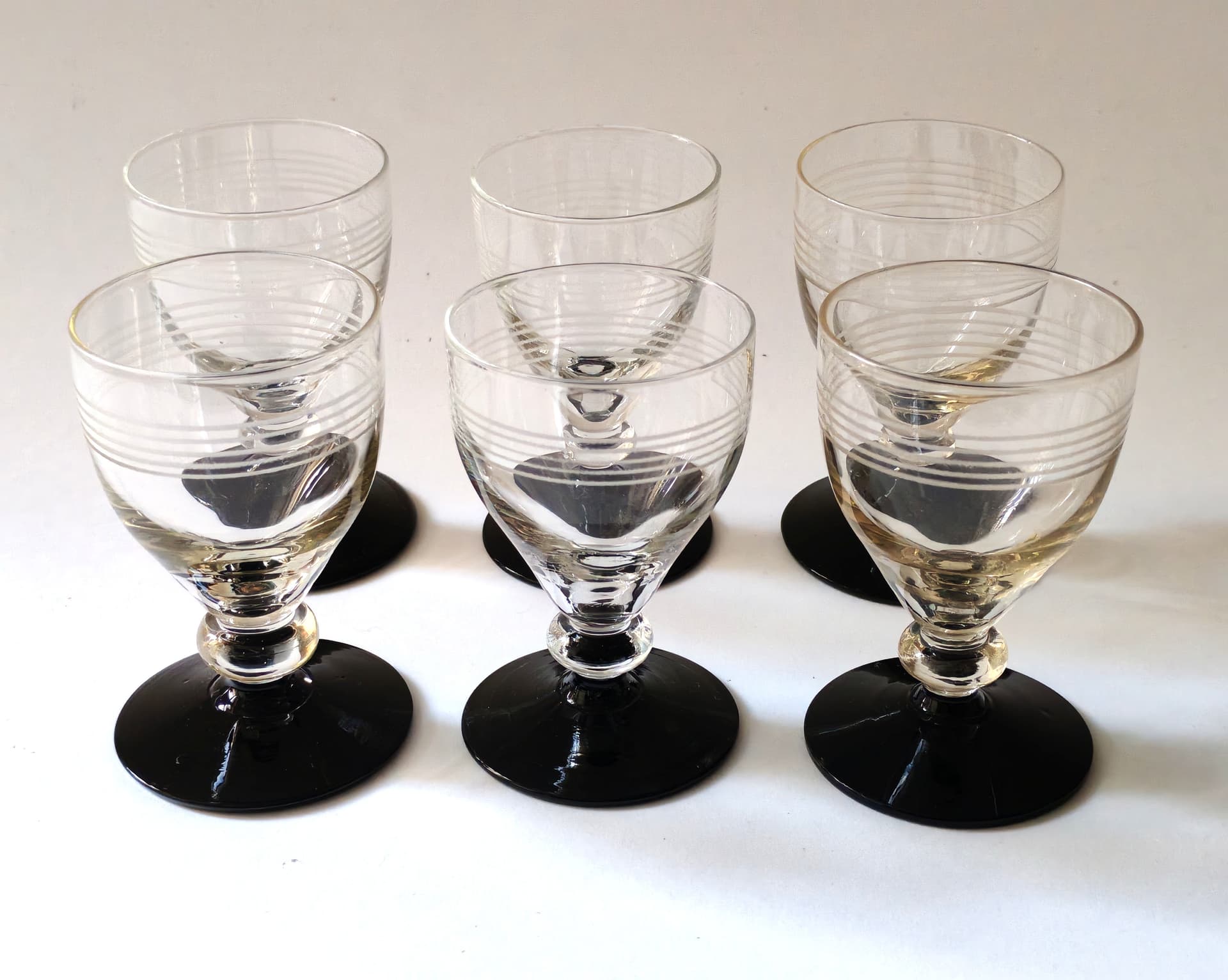 Zestaw sześciu kieliszków Hørsholm, szkło transparentne czarne, Holmegaard, Dania, lata 40. - 99301