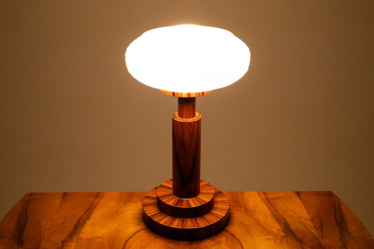 Orzechowe lampy stołowe, styl Art Deco, Polska, lata 50. - 58514